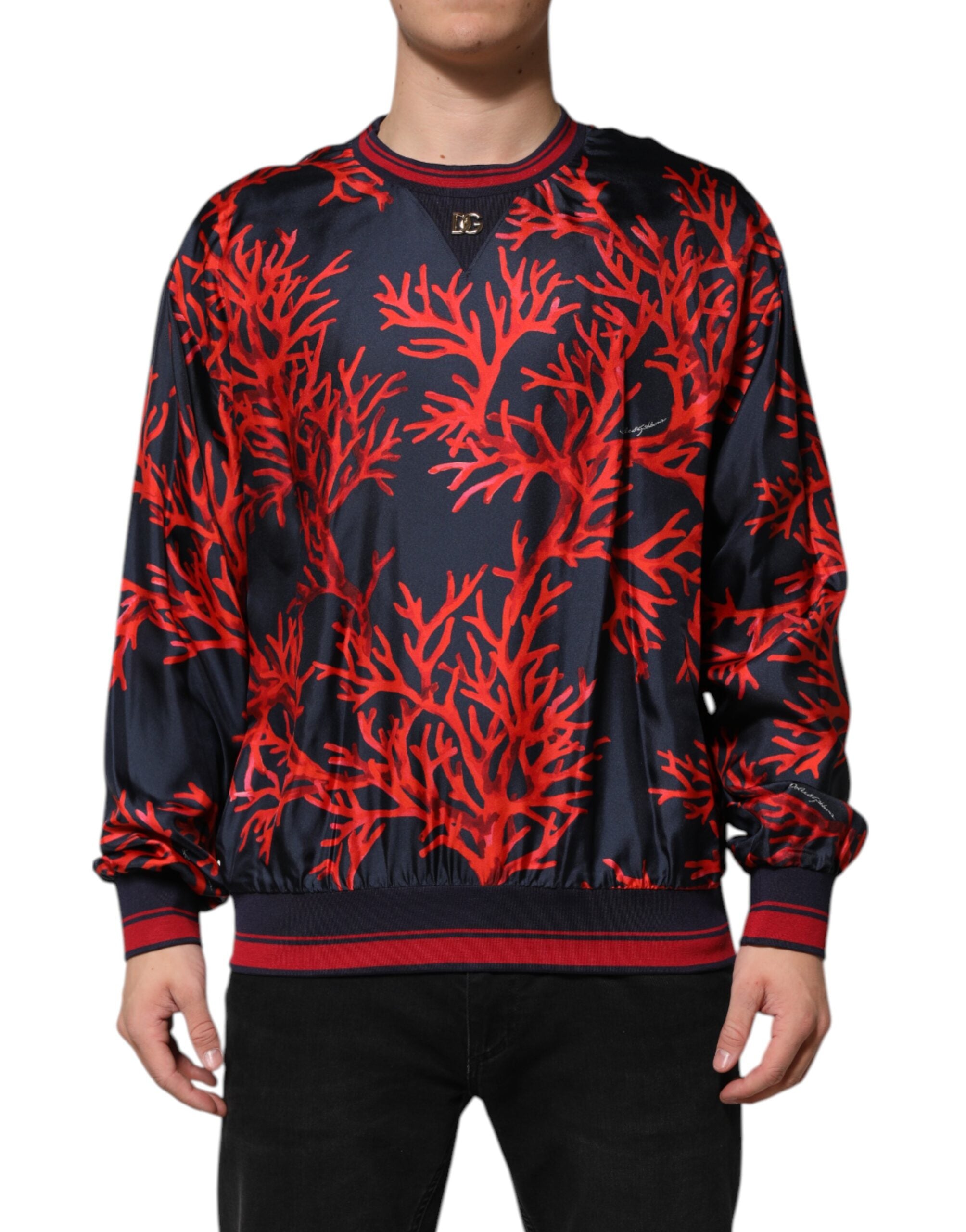 Dolce & Gabbana Navy Red Silk Coral Print Pullover Sweater