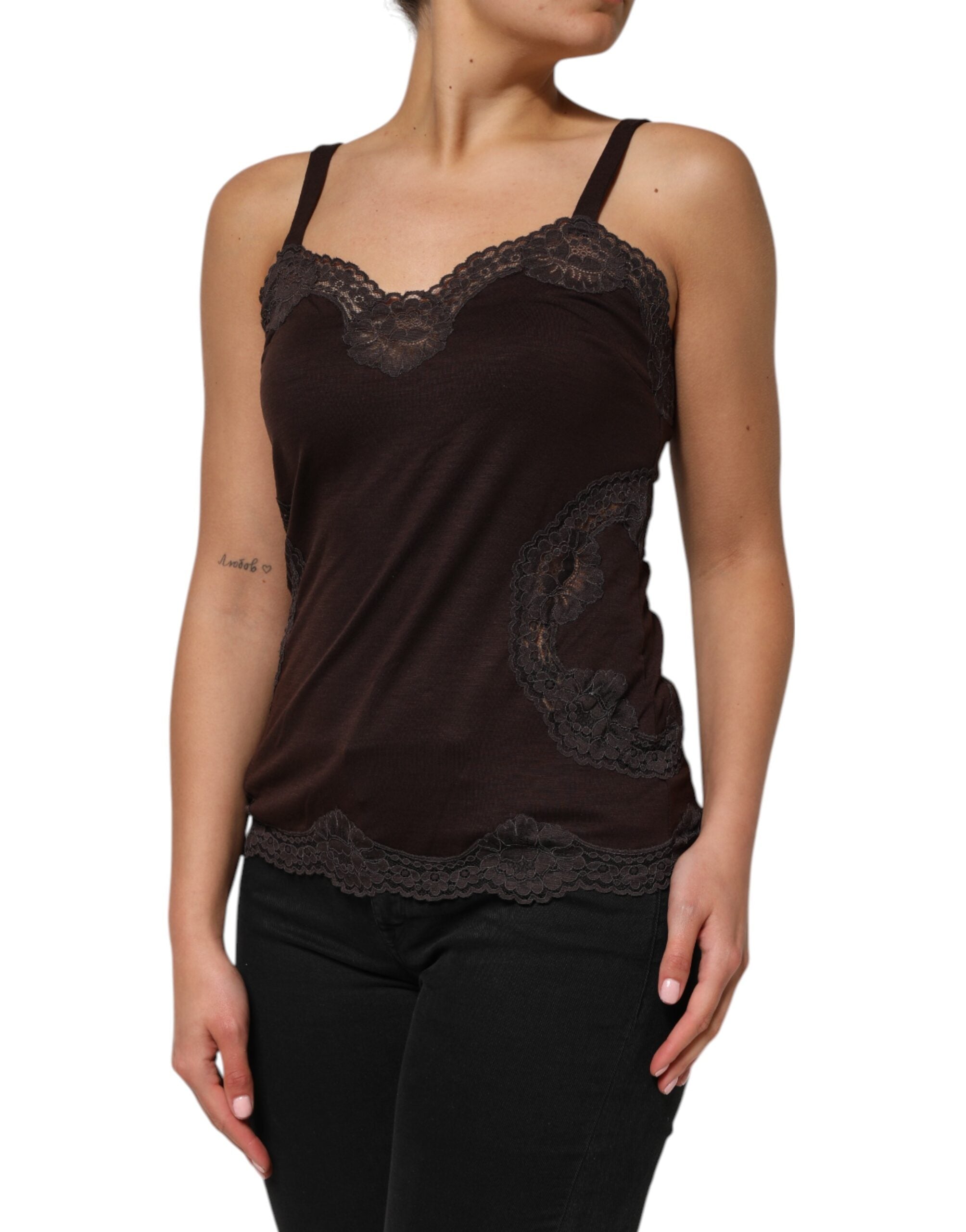 Dolce & Gabbana Dark Brown Lace Trim Wool Sleeveless Tank Top