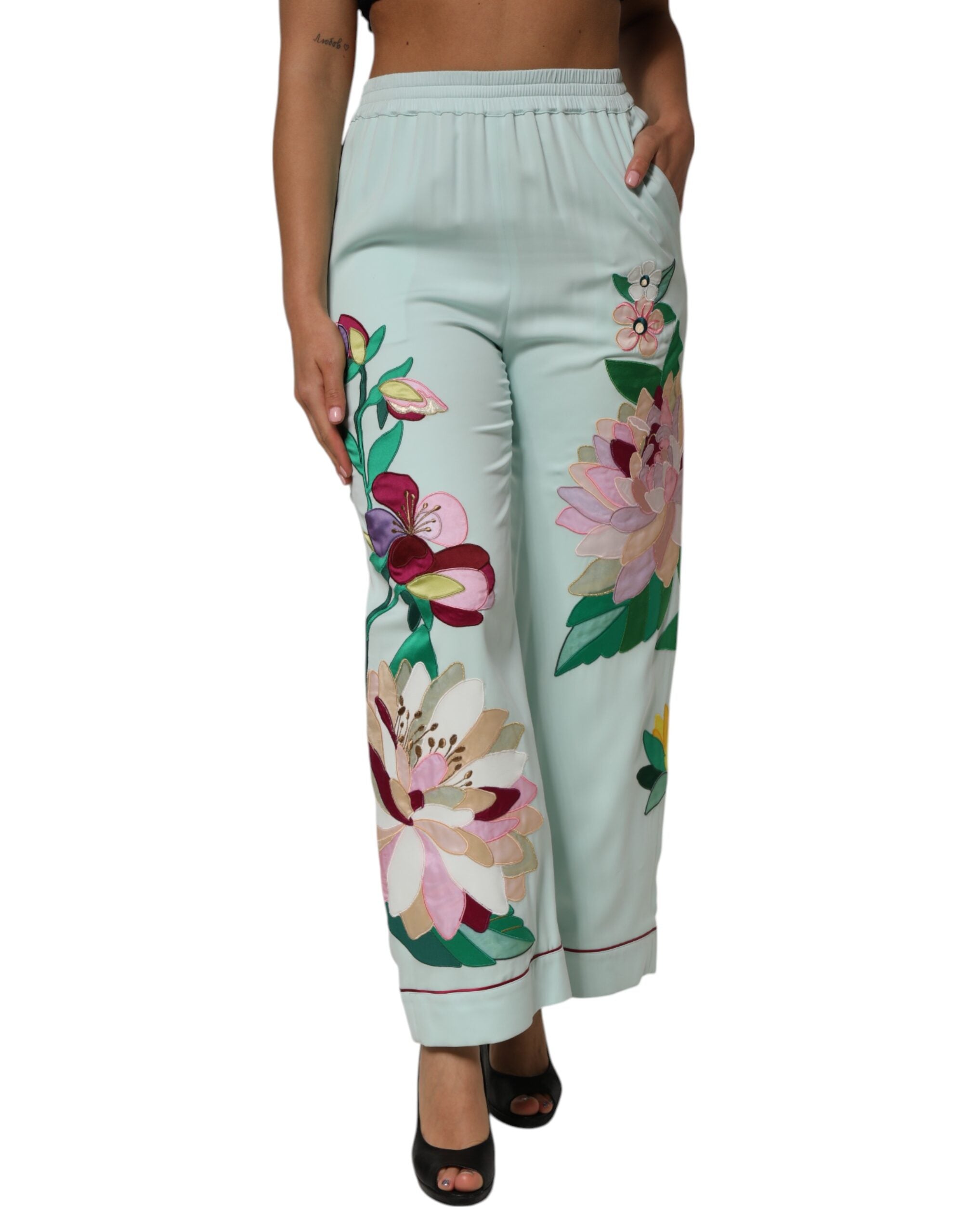 Dolce & Gabbana Green Floral Garterized Straight Pajama Pants