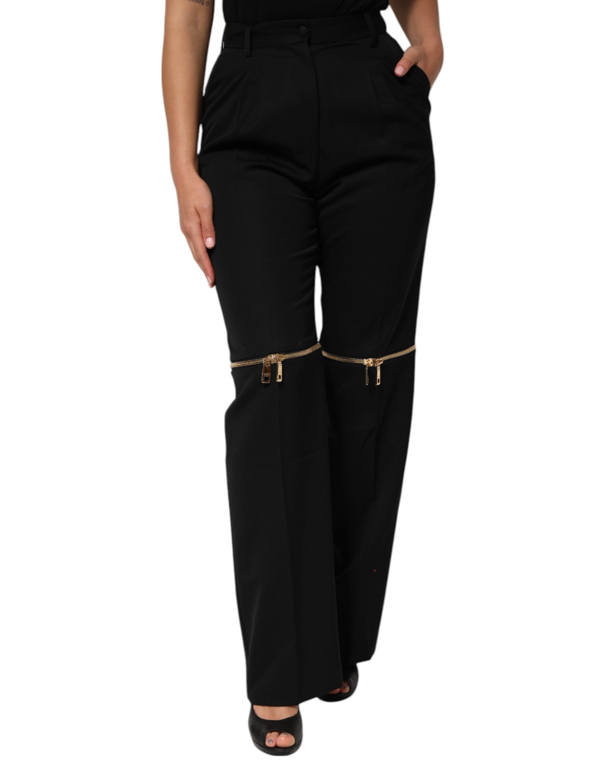 Dolce & Gabbana Black Zip Detailed Wool Straight Leg Pants