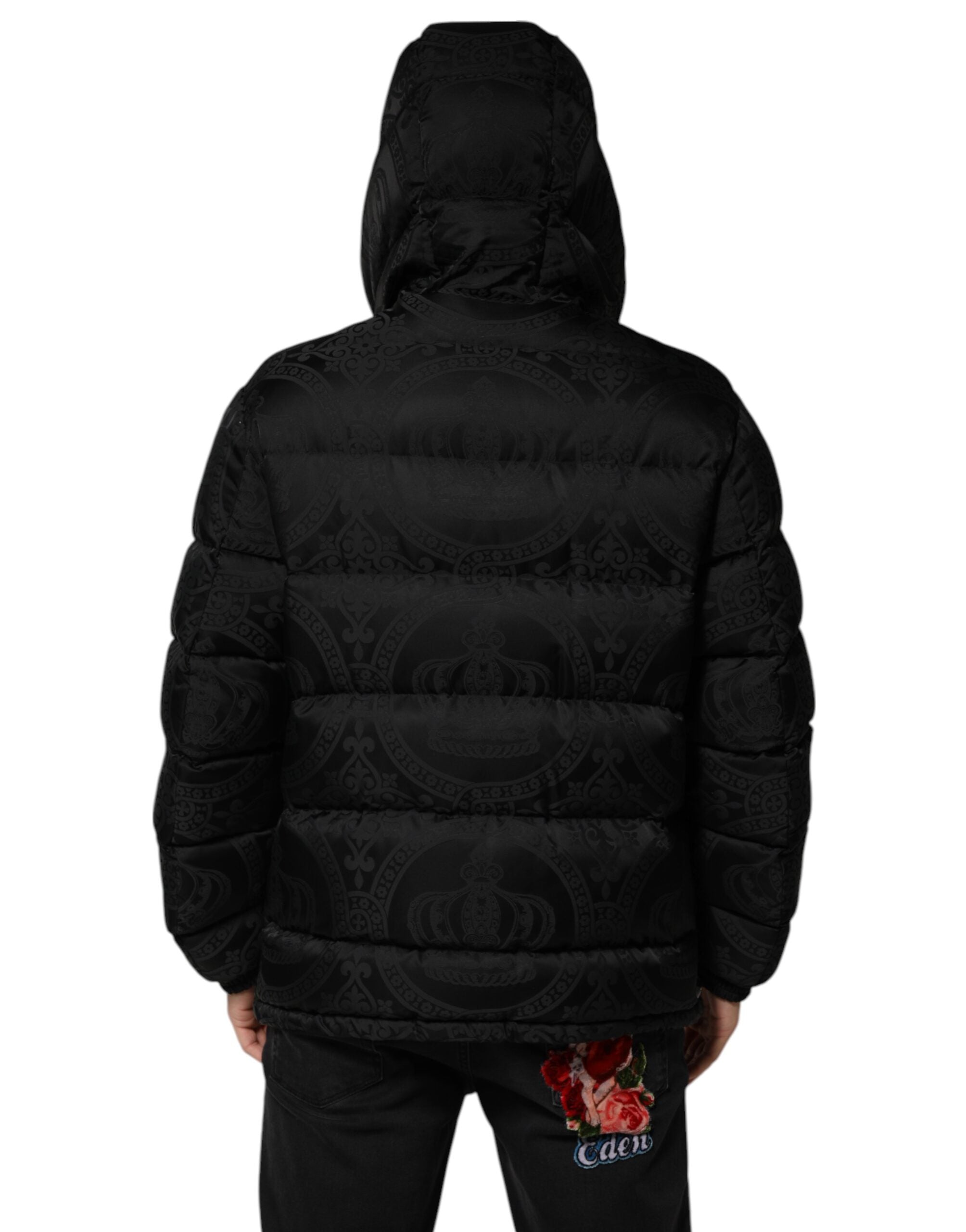 Dolce & Gabbana Black Jacquard Quilted Puffer Hooded Jacket