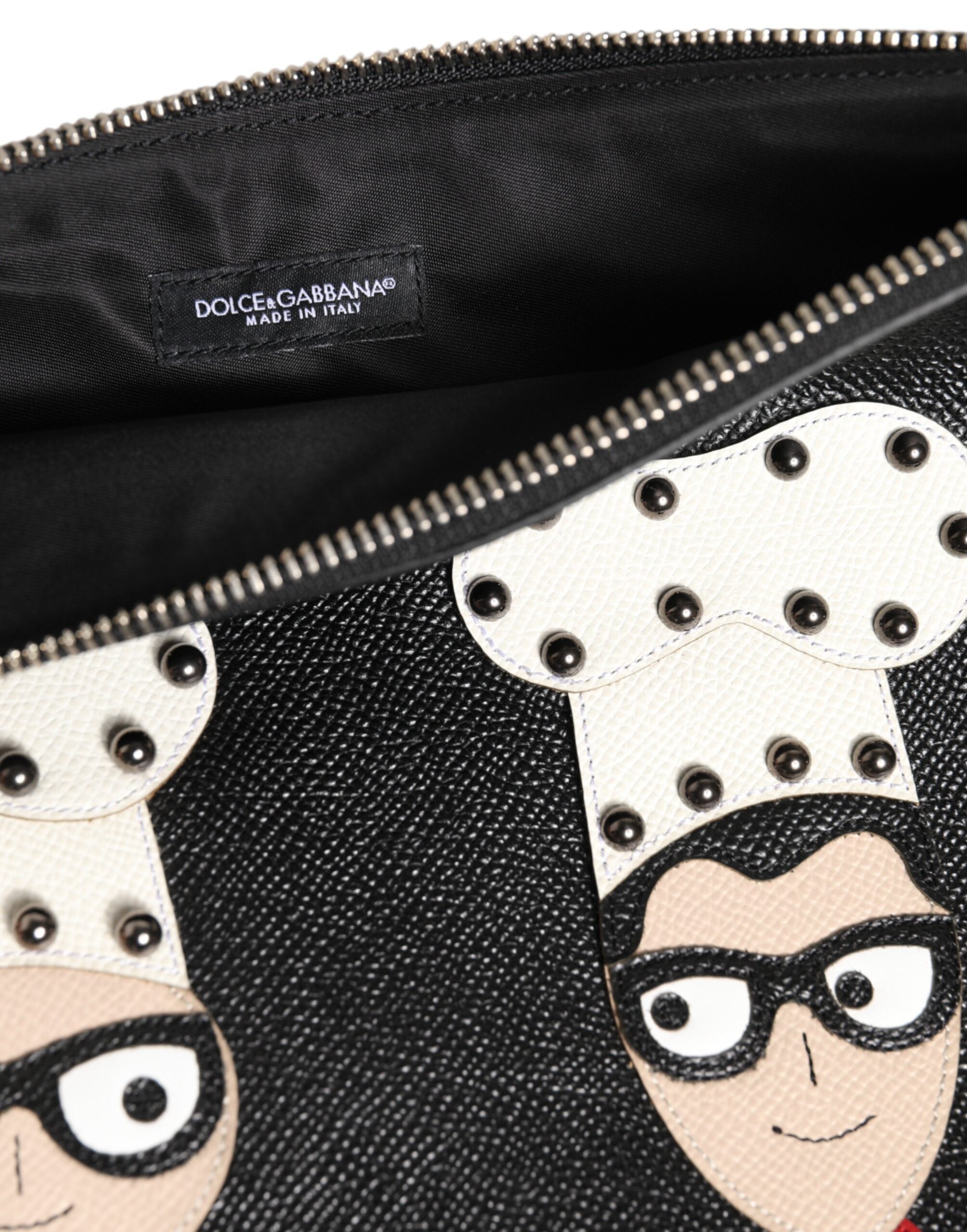 Dolce & Gabbana Black Leather #DGFAMILY Embellished Men Clutch Pouch Bag