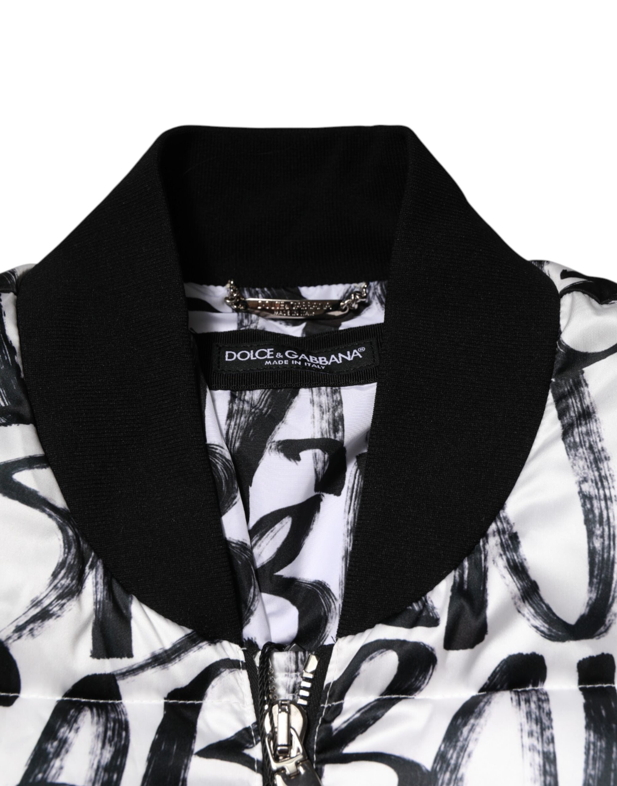 Dolce & Gabbana White Black Graffiti Logo Puffer Bomber Jacket