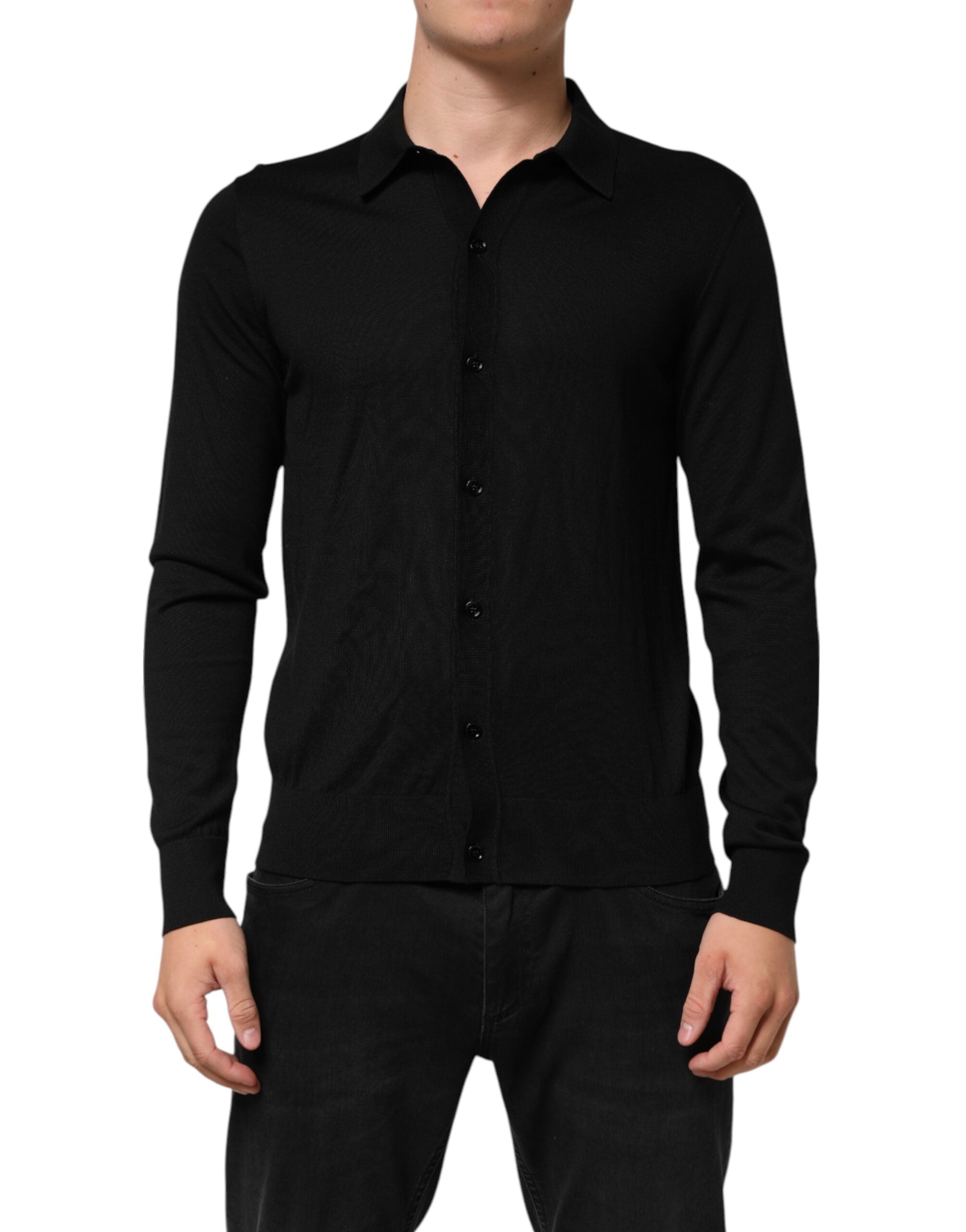 Dolce & Gabbana Black Silk Button Up Lightweight Sweater