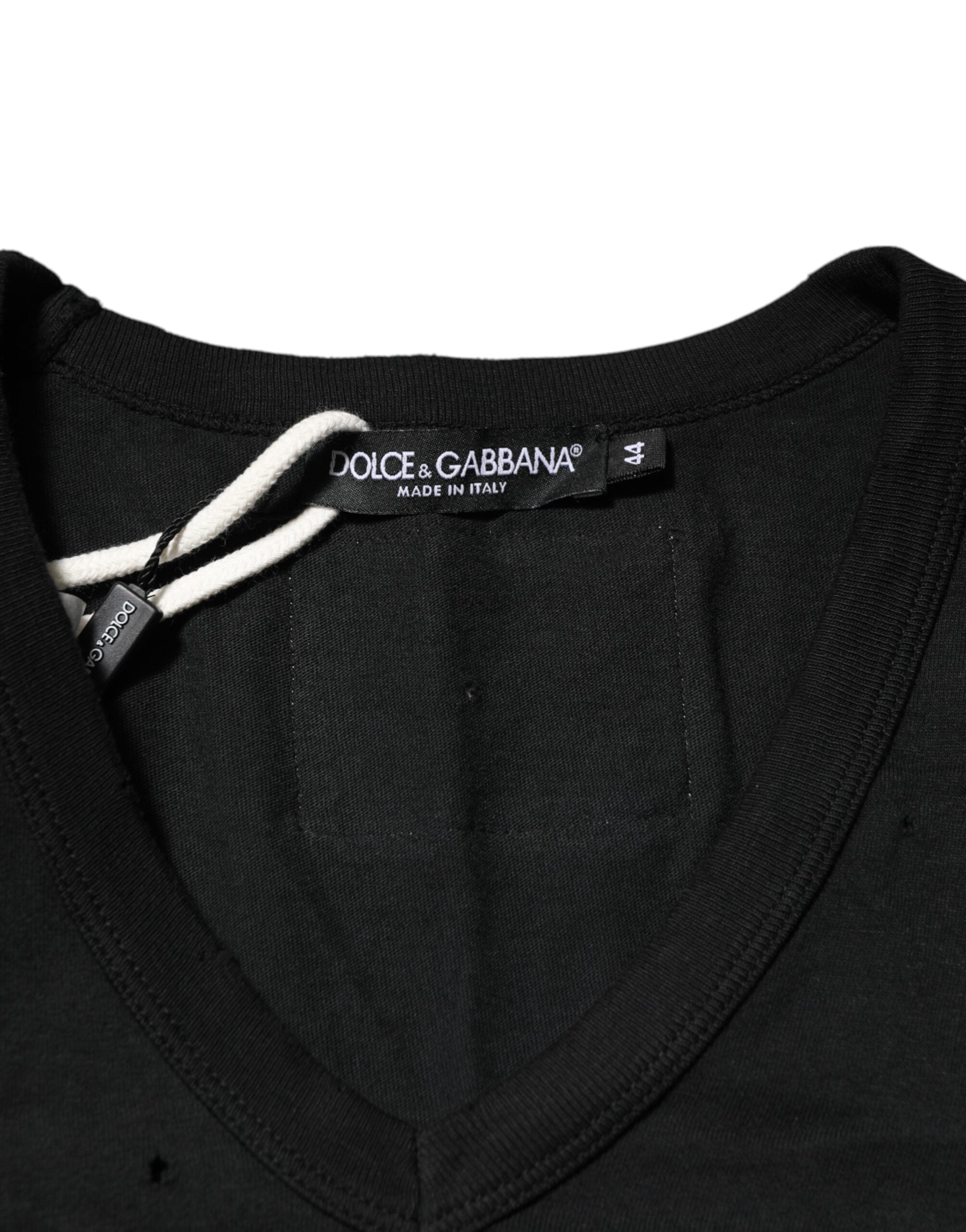 Dolce & Gabbana Black Cotton Tattered Logo V-Neck Men T-shirt