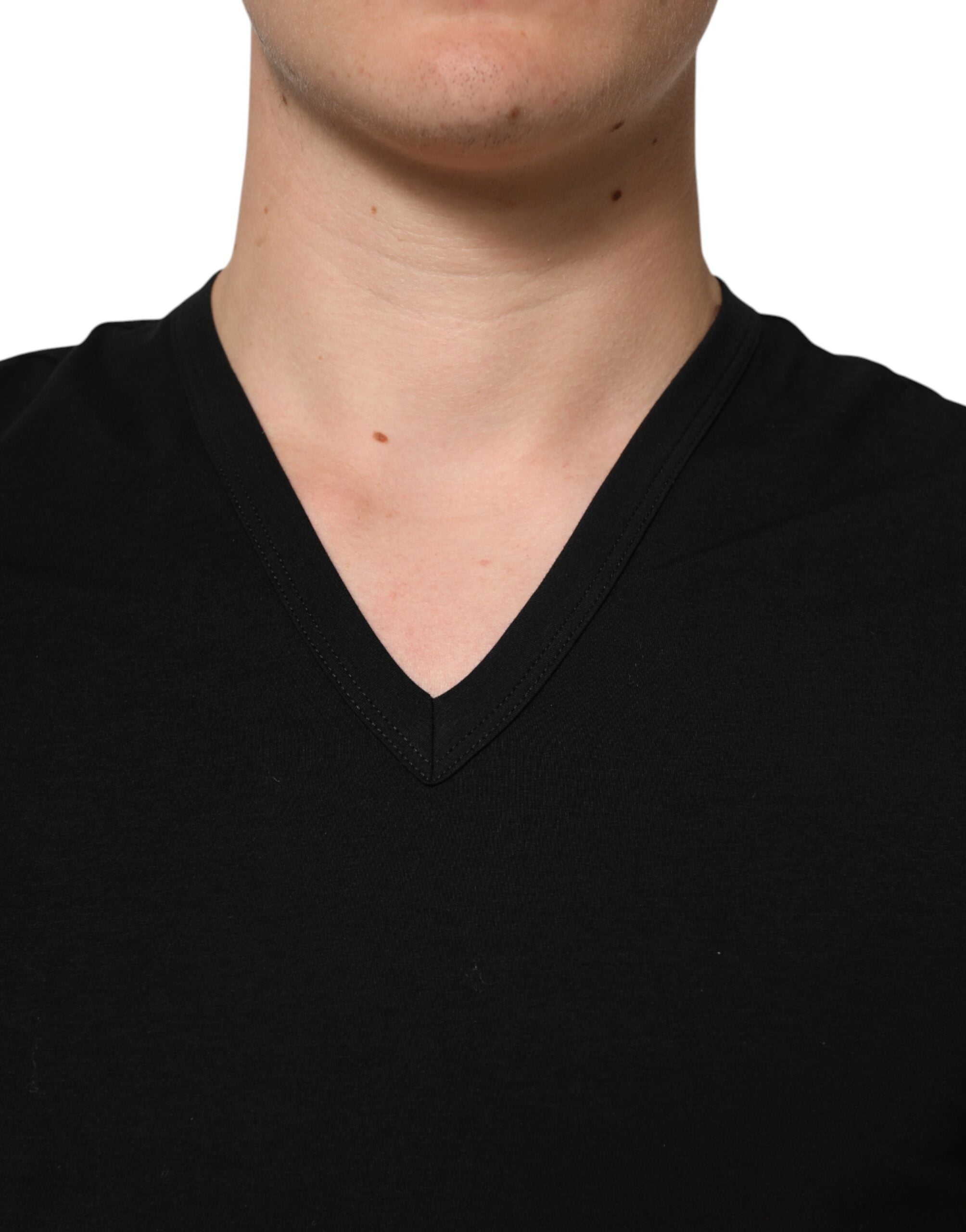 Dolce & Gabbana Black Cotton Slim Fit Men V-Neck Shirt T-shirt