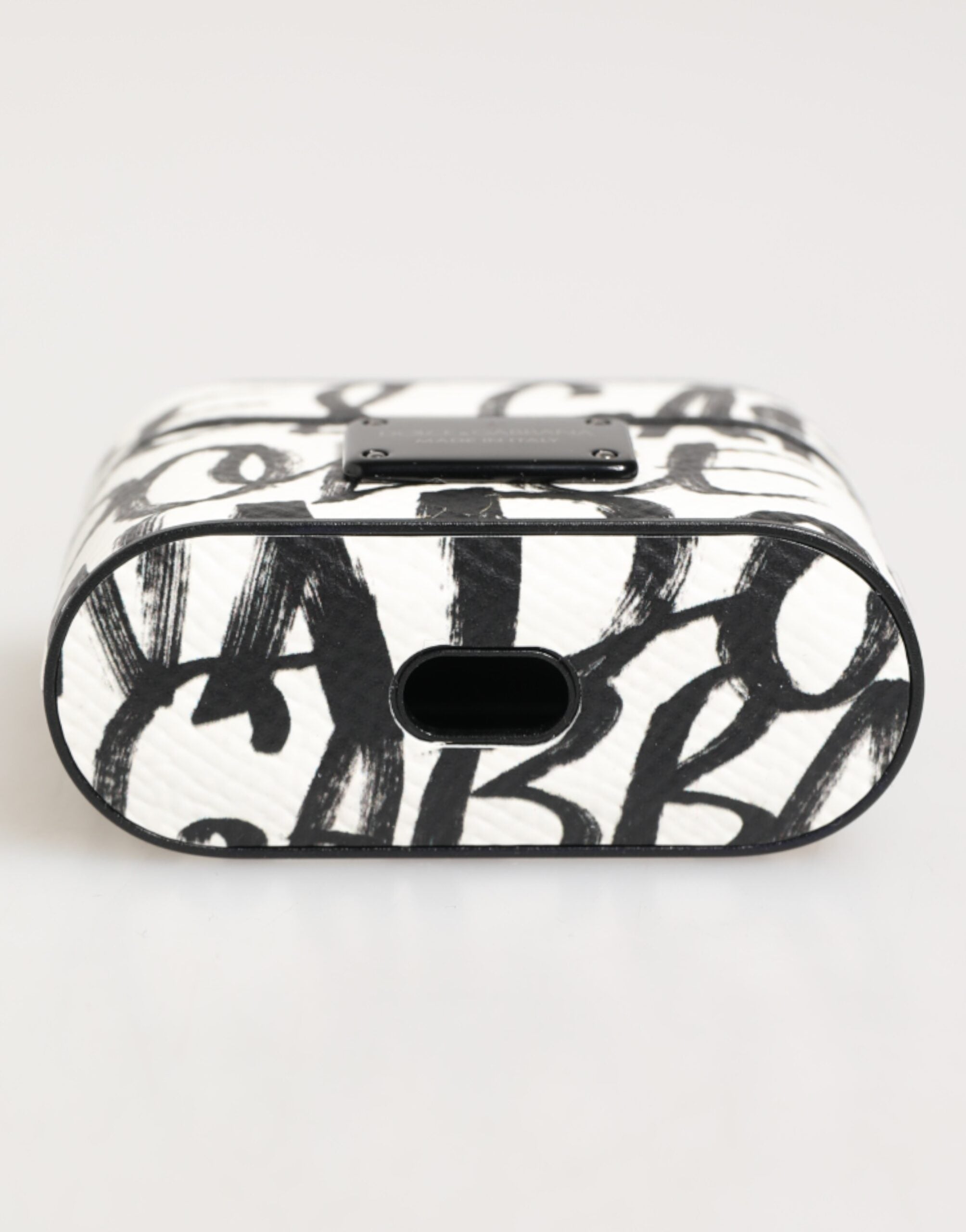 Dolce & Gabbana Black White Leather Monogram Print Logo Holder Airpods Case
