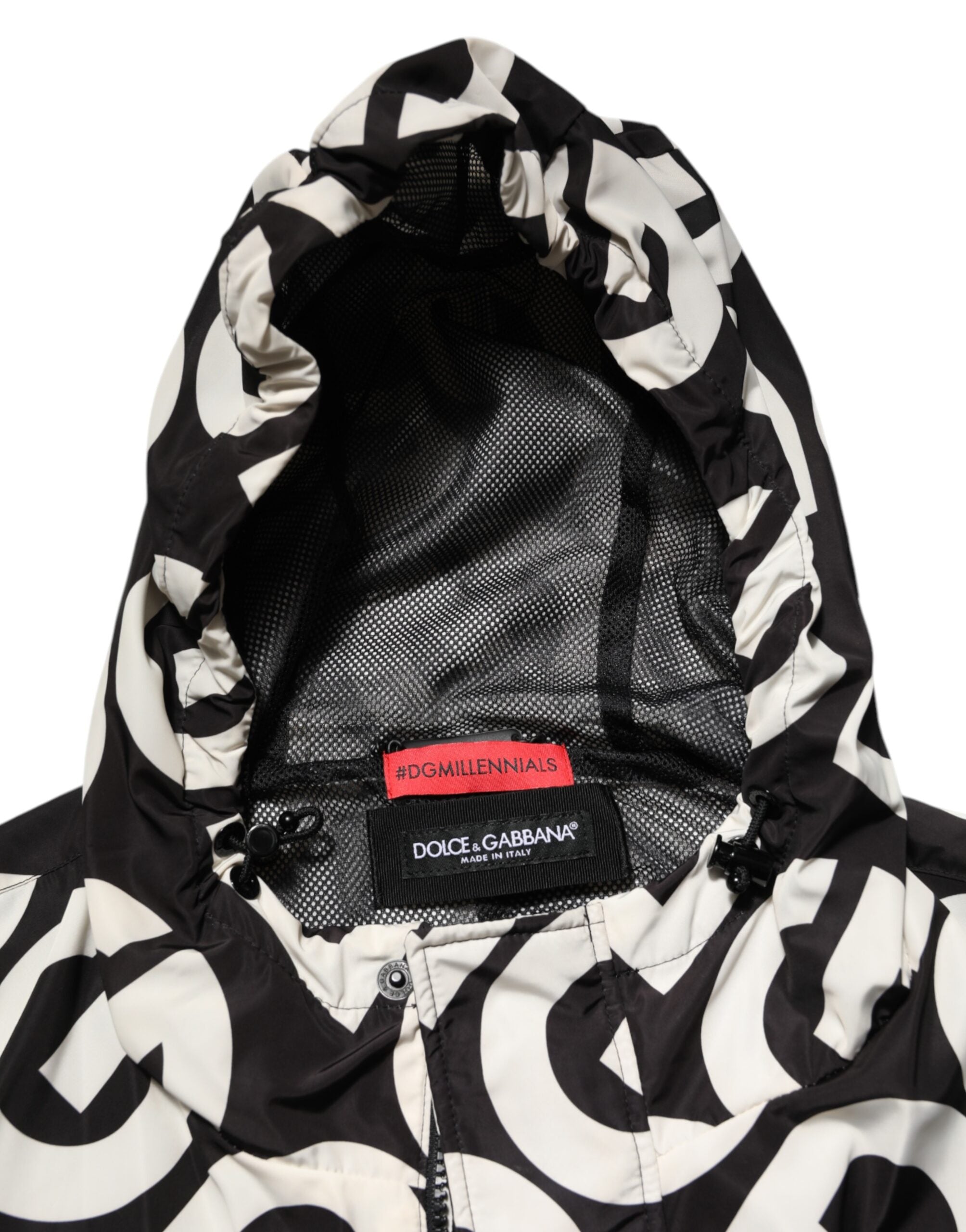Dolce & Gabbana Black White Logo Print Hooded Coat Men Jacket