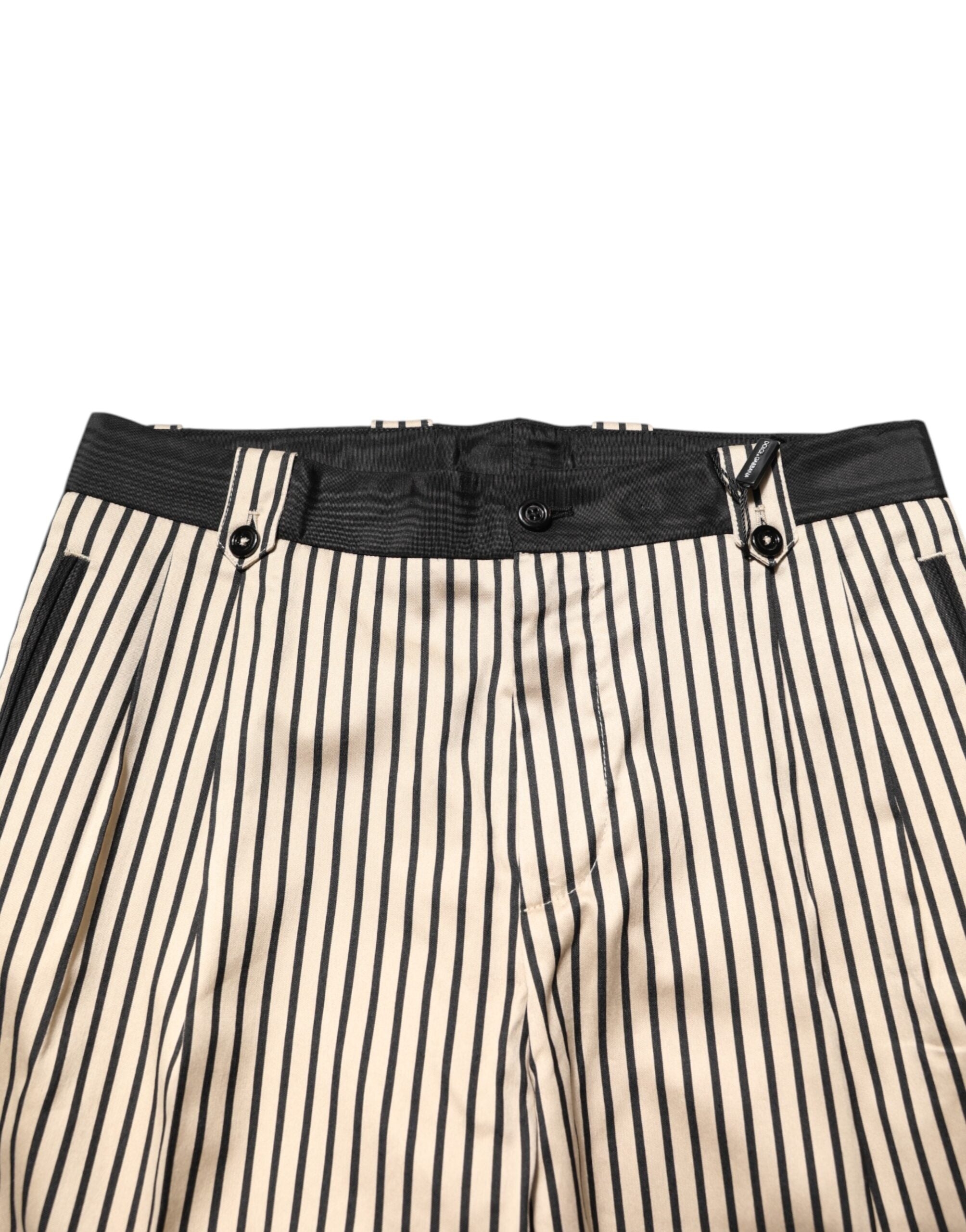 Dolce & Gabbana Beige Black Striped Cotton Slim Fit Trousers Pants