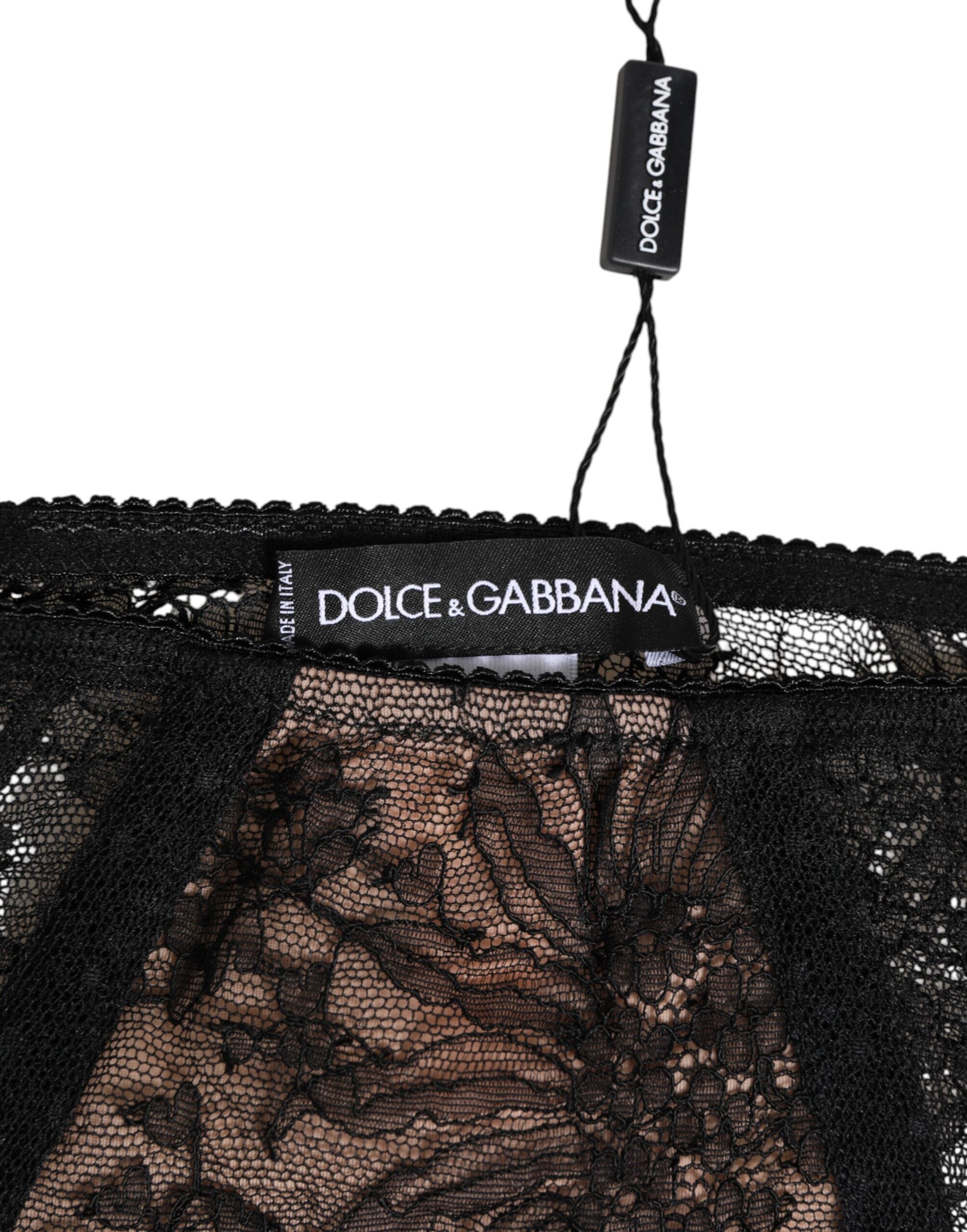 Dolce & Gabbana Black Floral Lace Sheer Mesh High Waist Underwear