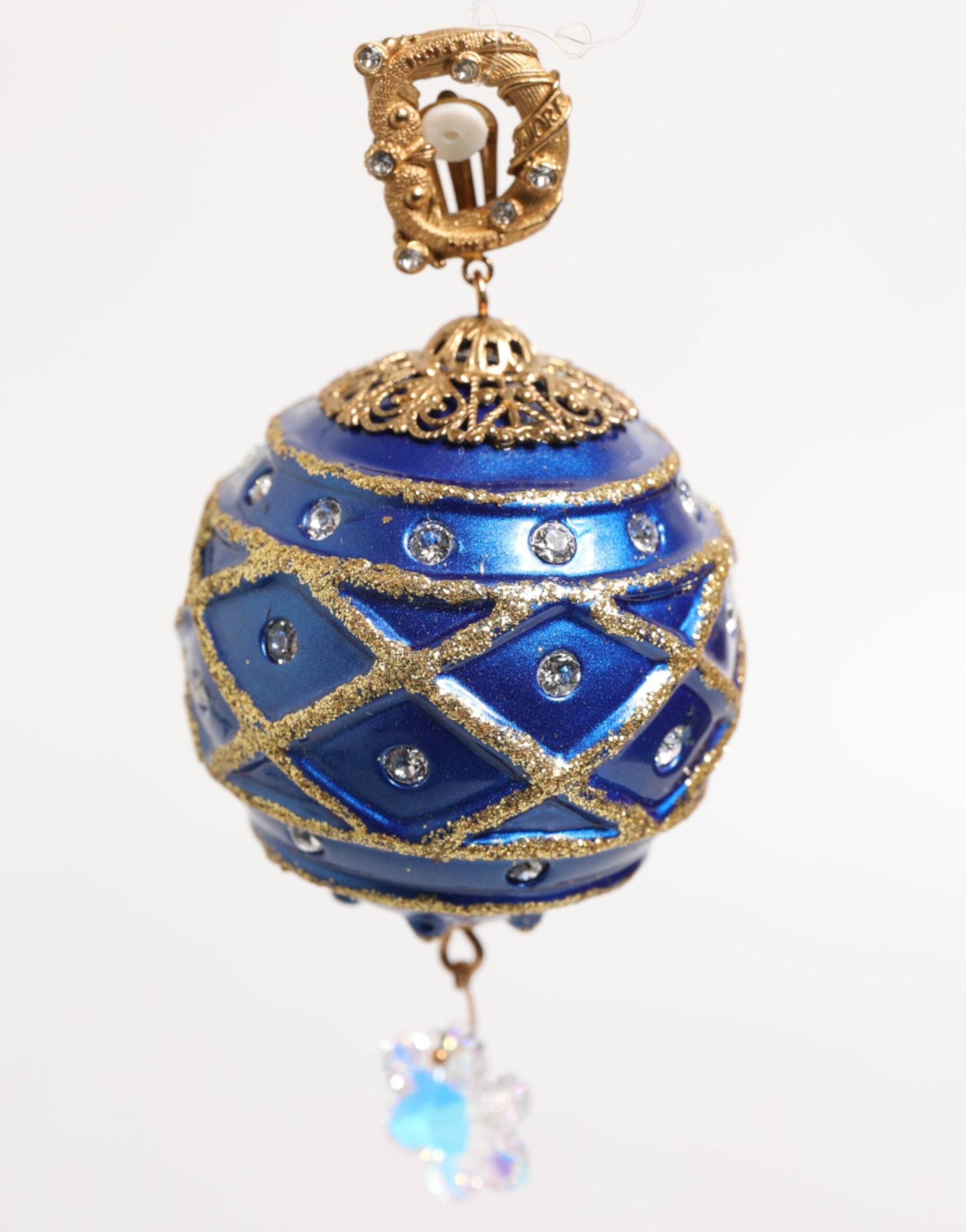 Dolce & Gabbana Gold Brass Blue Christmas Ball Crystal Drop Clip On Earrings