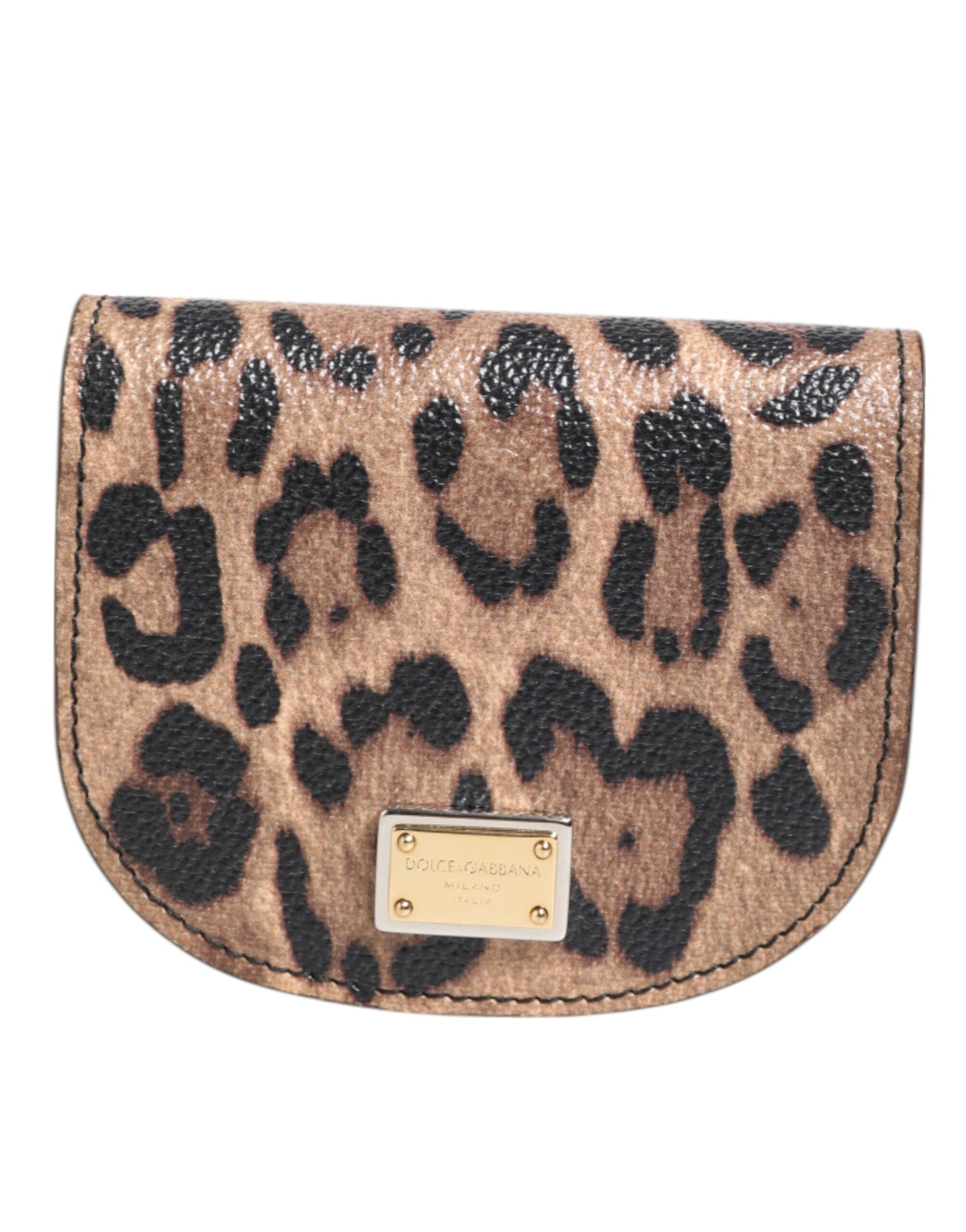 Dolce & Gabbana Brown Black Calf Leather Leopard Print Logo Plaque Wallet