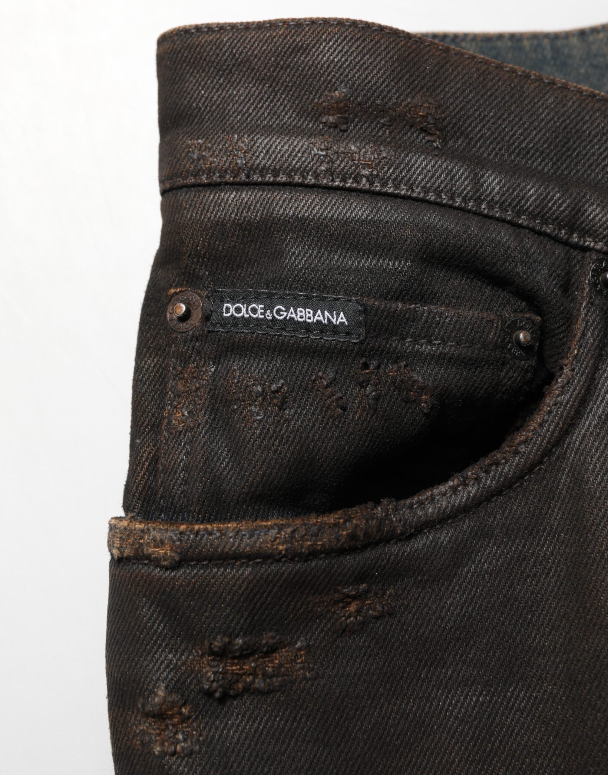 Dolce & Gabbana Dark Brown Tattered Cotton Skinny Denim Jeans