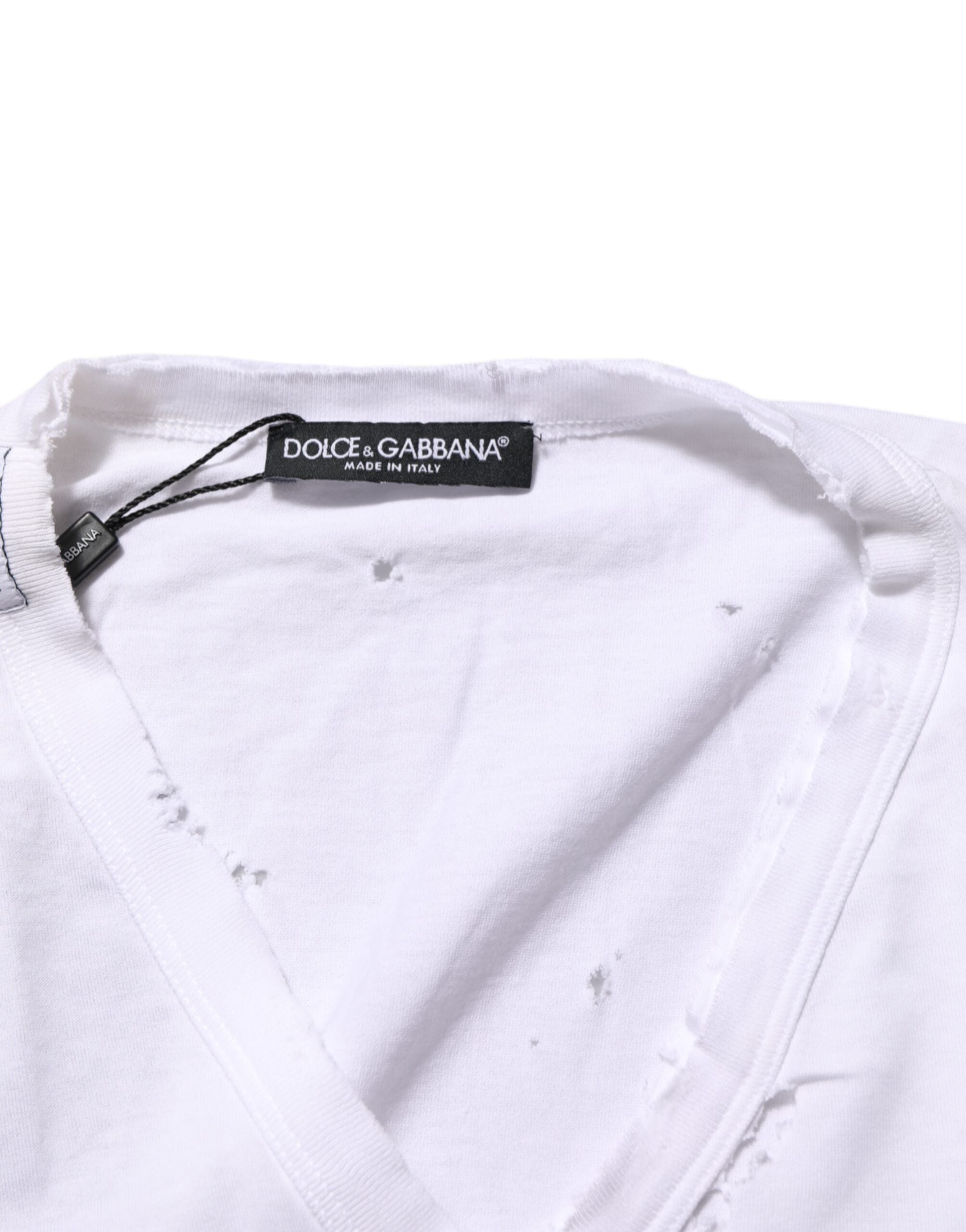 Dolce & Gabbana White Distressed Cotton V Neck Men T-shirt