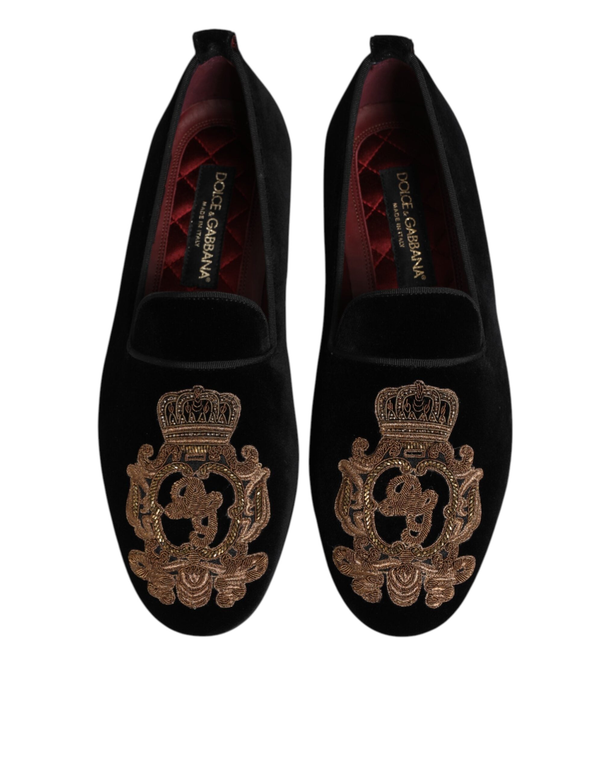 Dolce & Gabbana Black Velvet Gold Crown Mens Loafers Shoes