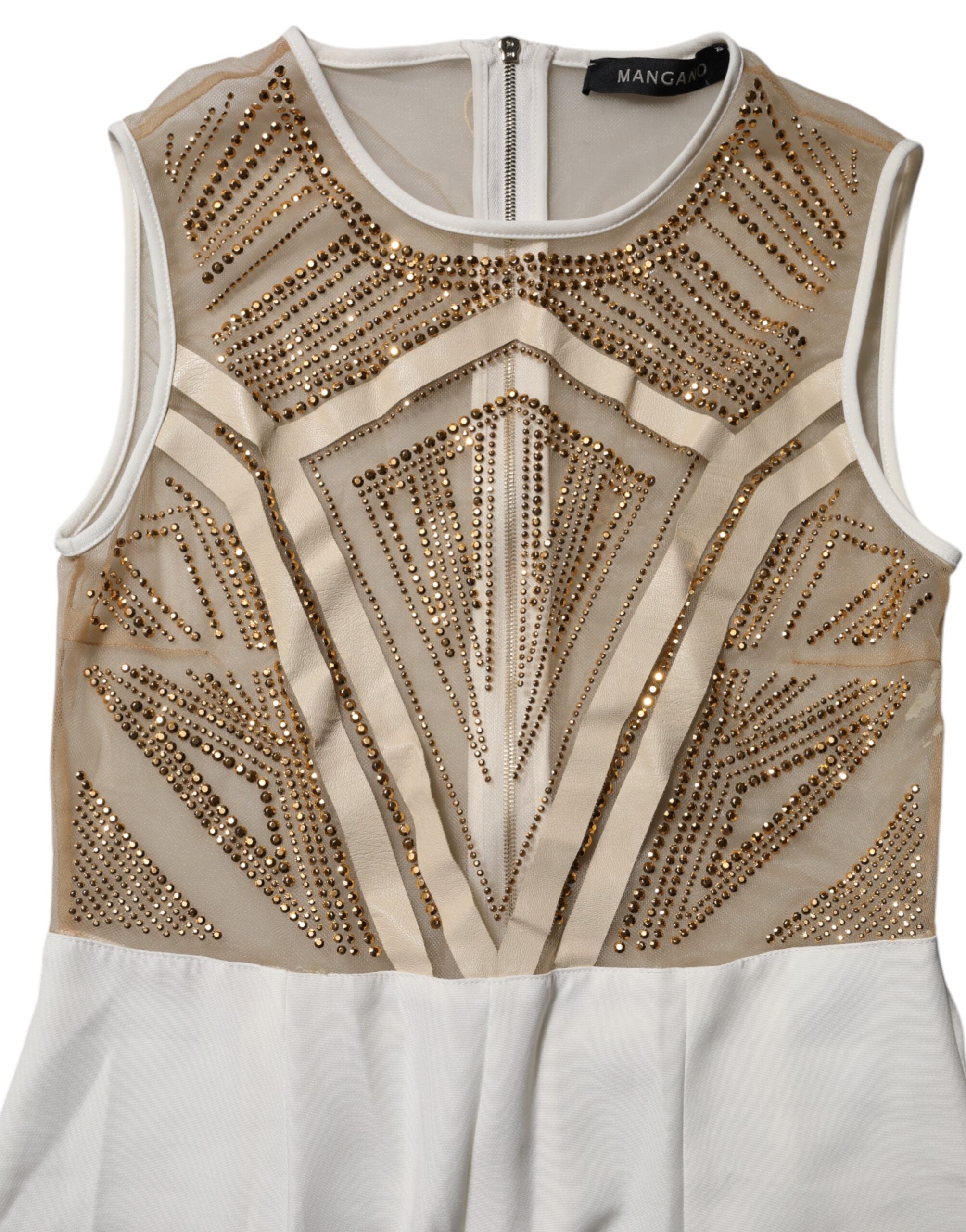Mangano White Beige Mesh Crystal Embellished Sleeveless Jumpsuit