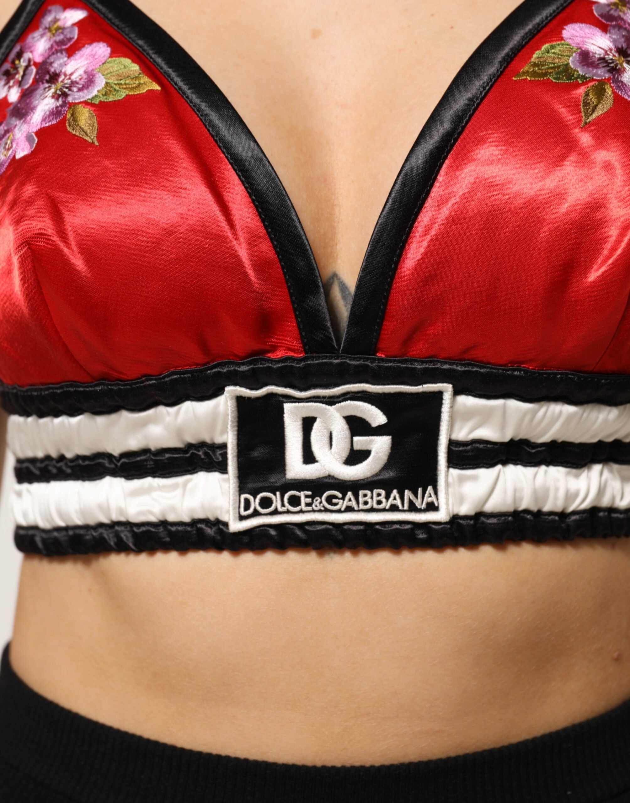 Dolce & Gabbana Red Satin Floral Embroidered Bralette Crop Top