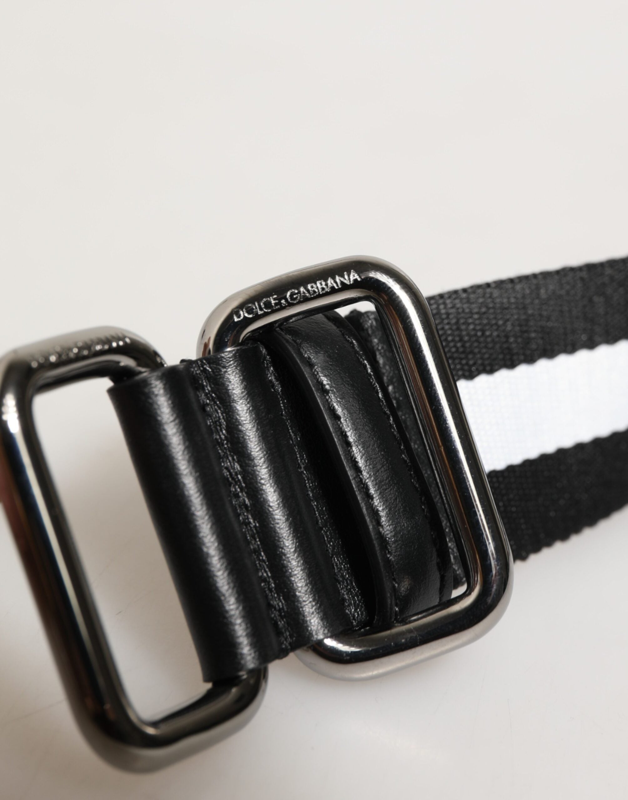 Dolce & Gabbana Black White Striped Logo Metal Buckle Belt