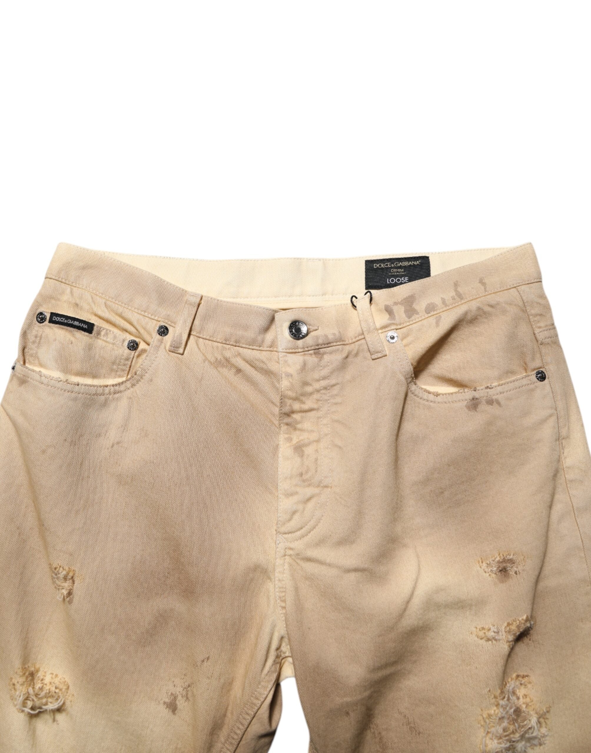 Dolce & Gabbana Beige Cotton Loose Tattered Men Denim Jeans