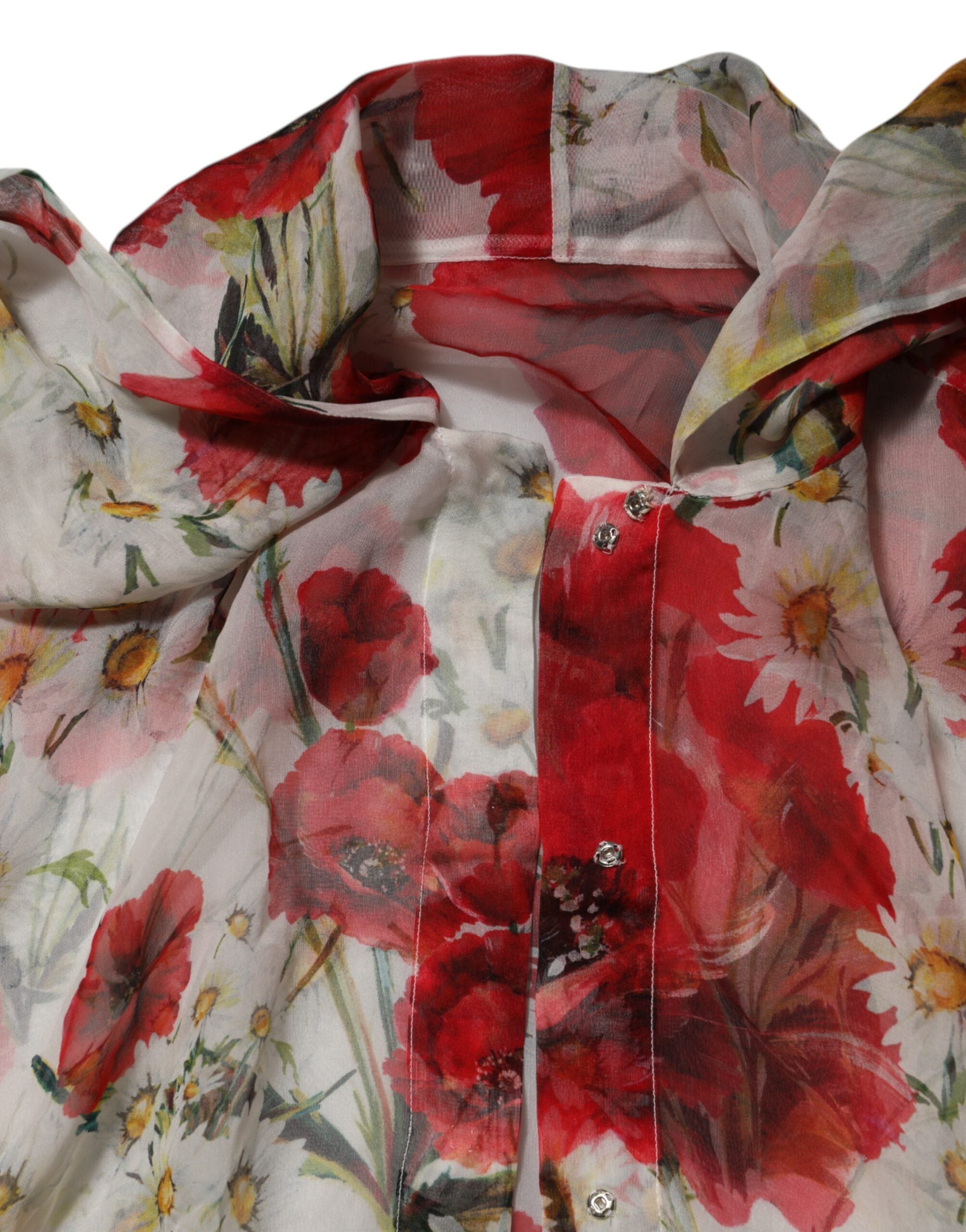 Dolce & Gabbana White Floral Tie-Neck Poppy Print Blouse Top