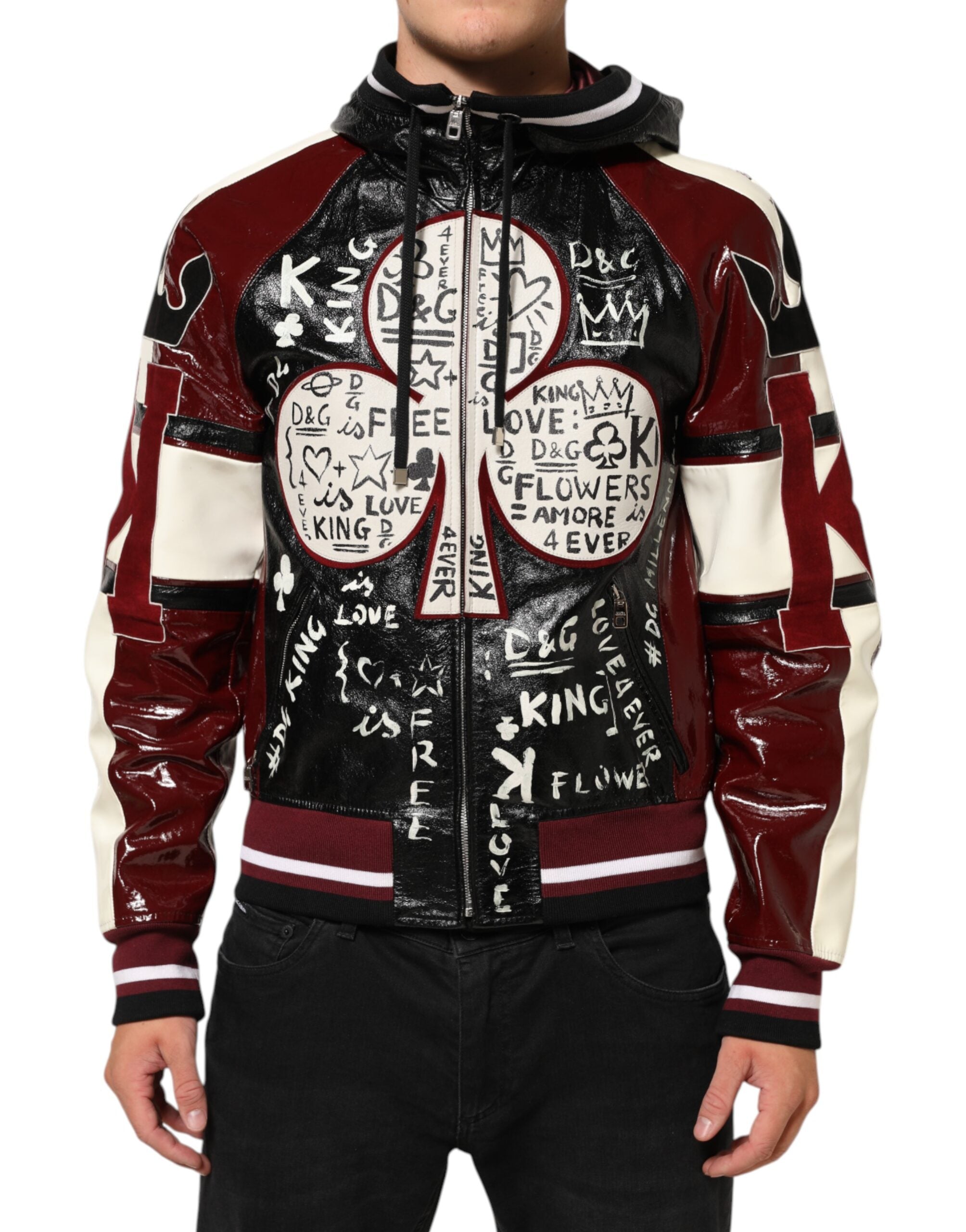 Dolce & Gabbana Multicolor Hooded Leather DG King Men Biker Jacket