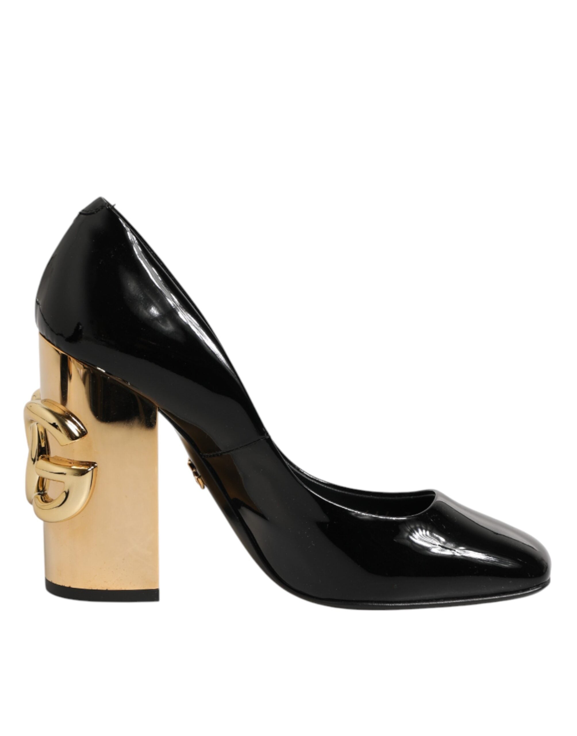 Dolce & Gabbana Black Gold Patent Leather Logo Heels Pumps Shoes