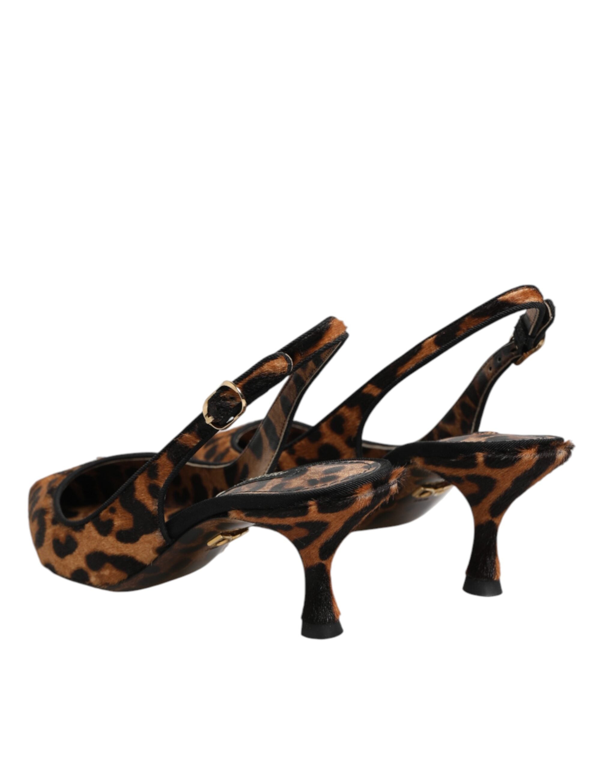 Dolce & Gabbana Brown Leopard Calfskin Fur Slingbacks Shoes
