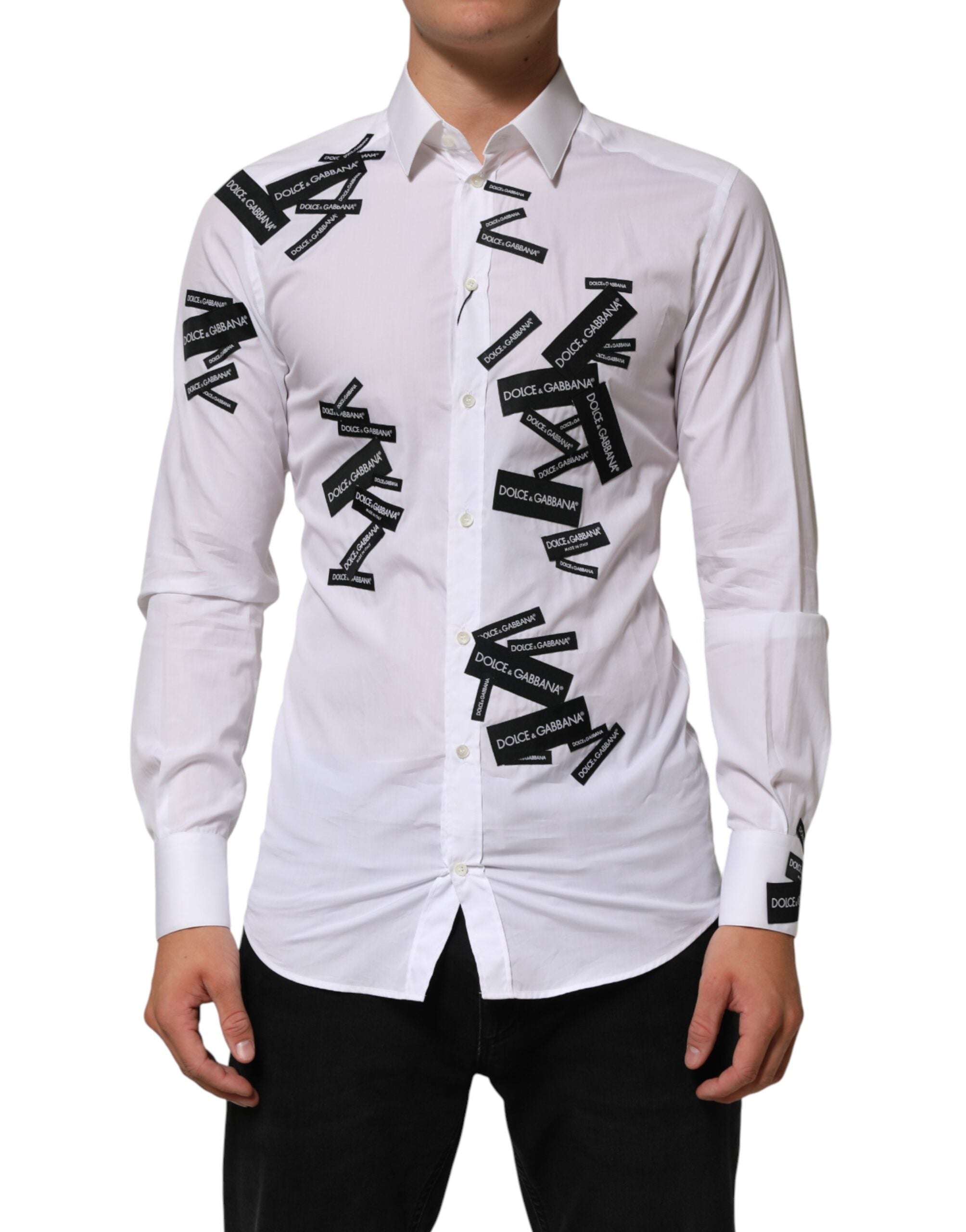 Dolce & Gabbana White Logo Cotton Collared GOLD Dress Shirt