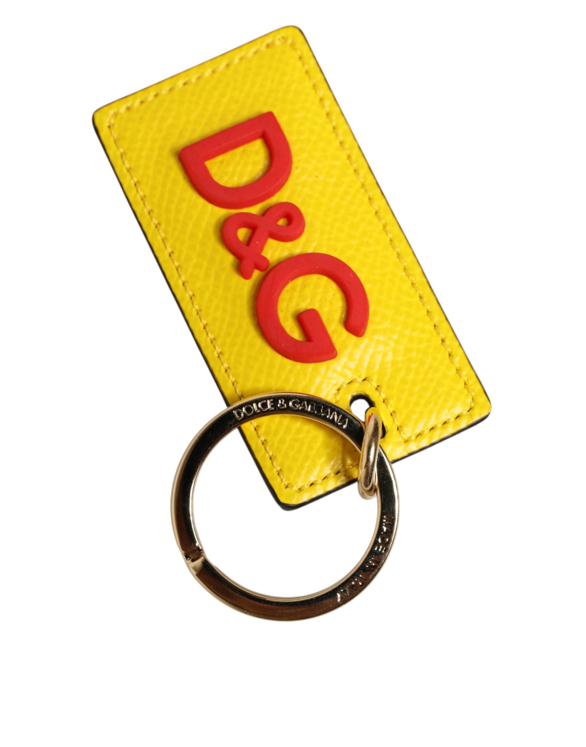 Dolce & Gabbana Yellow Calf Leather Logo Metal Ring Men Keychain Keyring