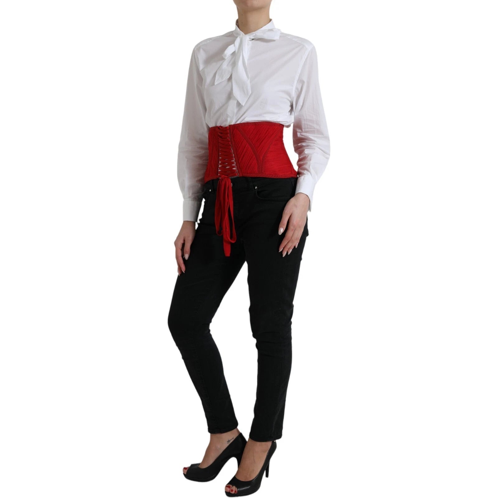Dolce & Gabbana Red Silk Belt Waist Lace Up Strap Corset