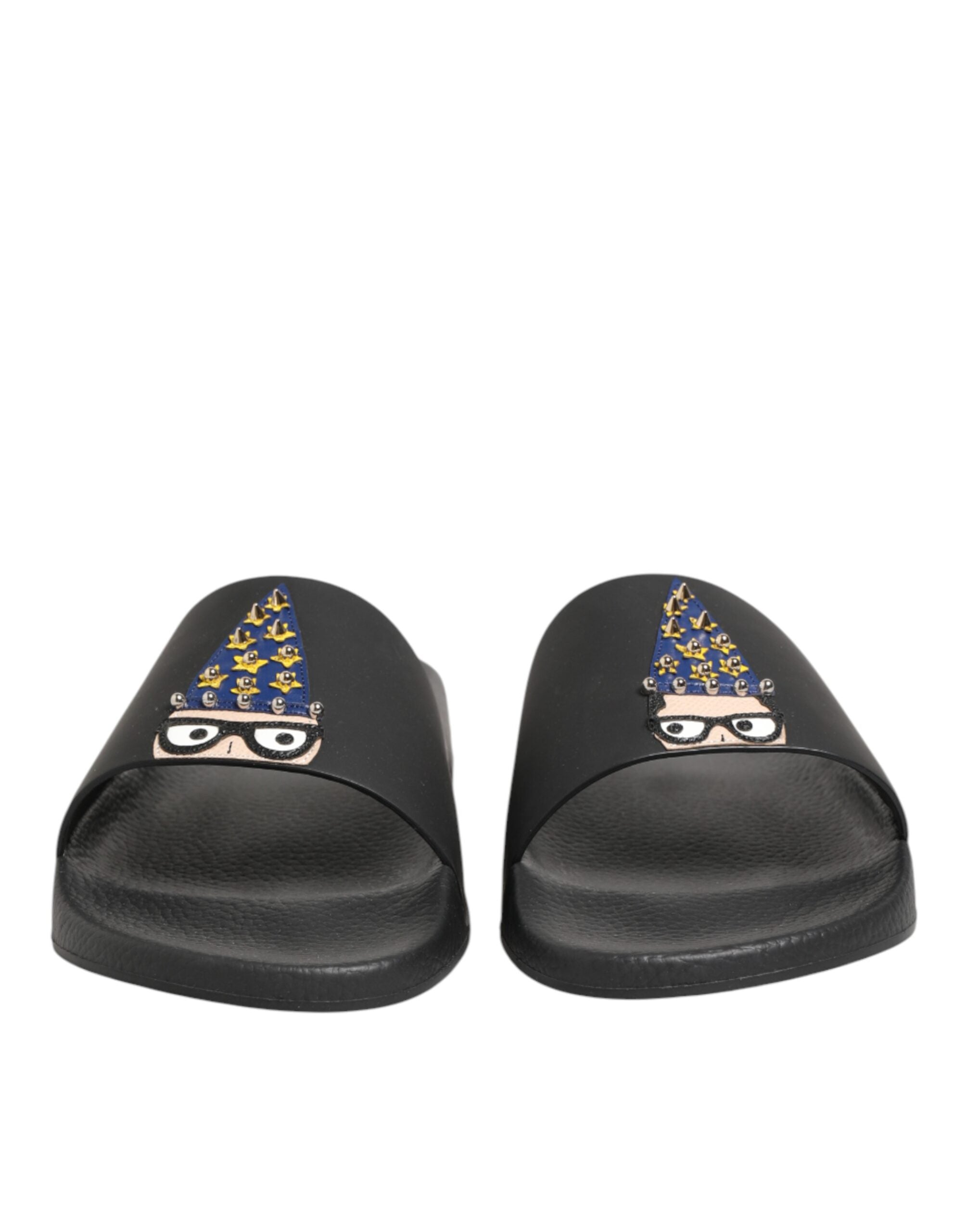 Dolce & Gabbana Black Leather Slides Sandals Beachwear Shoes