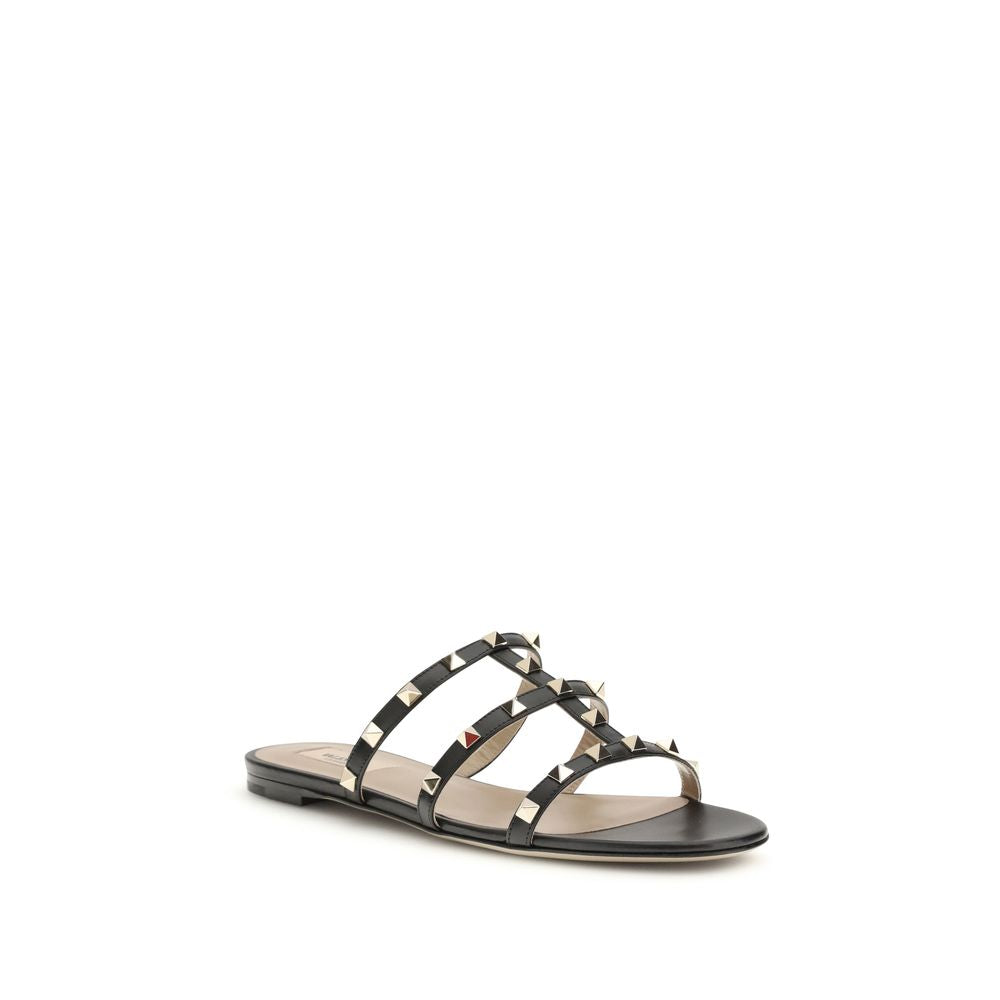 Valentino Garavani Black Calf Leather Bos Taurus Flat Sandals