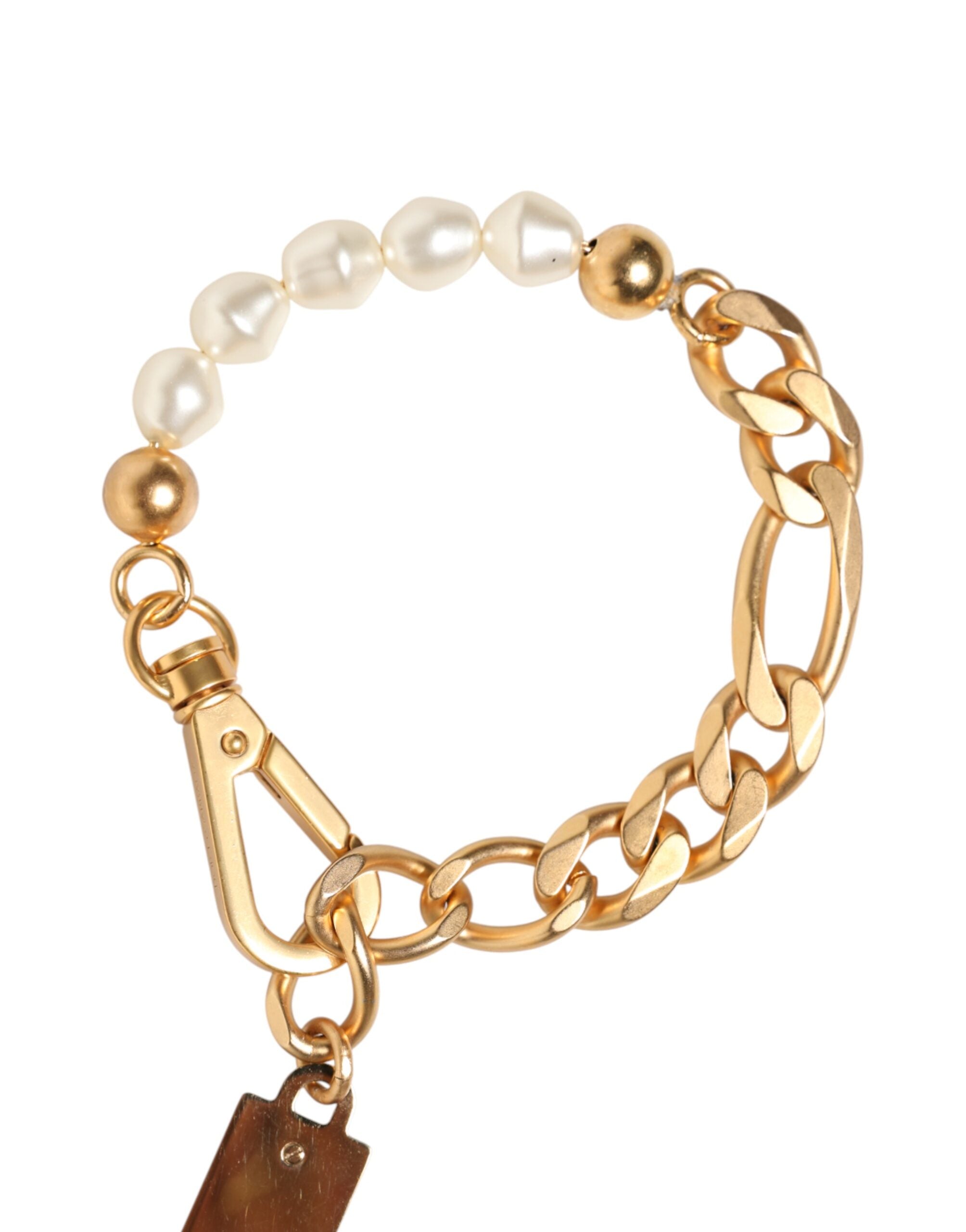 Dolce & Gabbana Gold Tone Brass Faux Pearl Logo Embellish Charm Bracelet