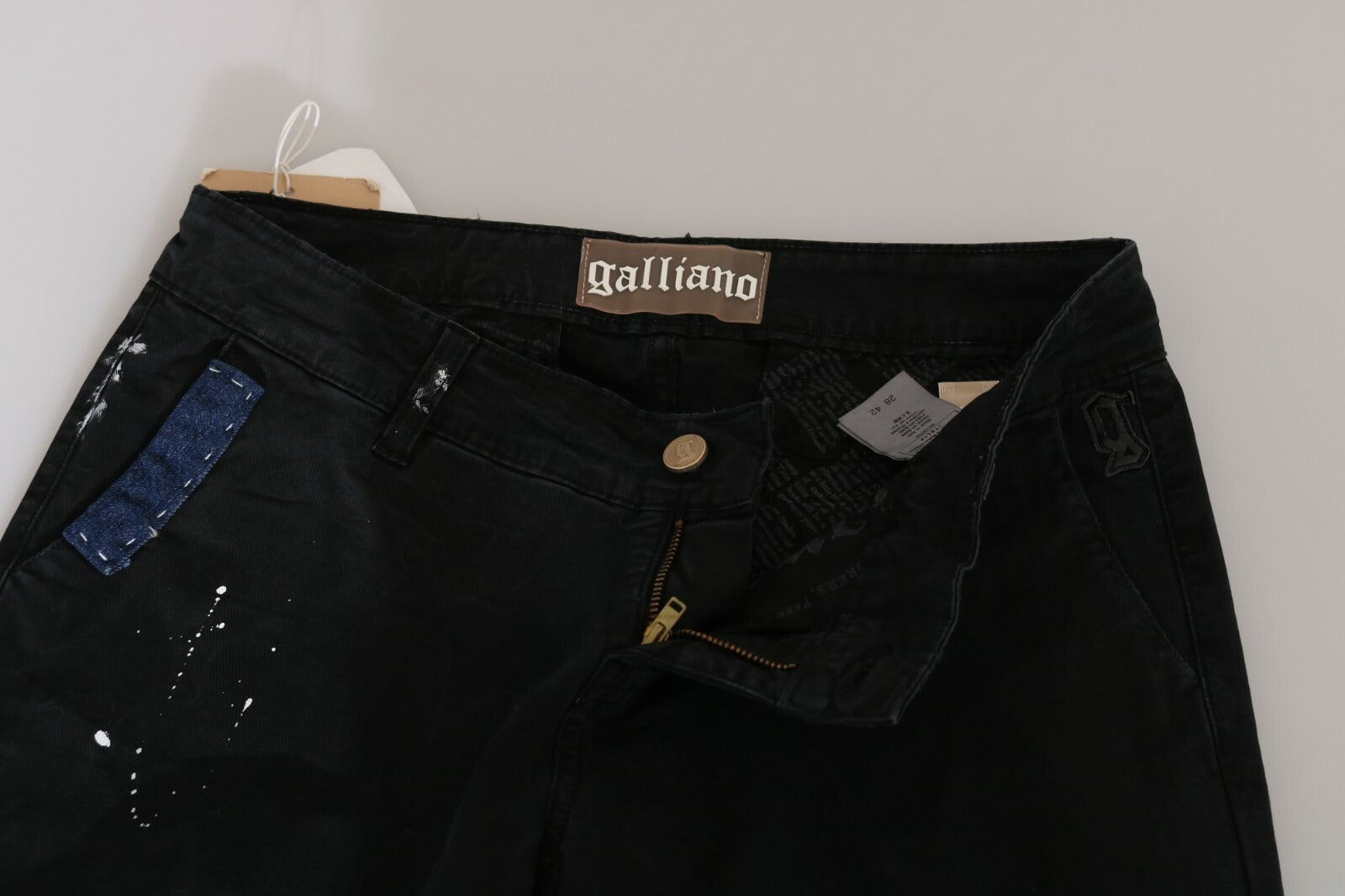John Galliano Black Low Waist White Paint Skinny Denim Pants Jeans
