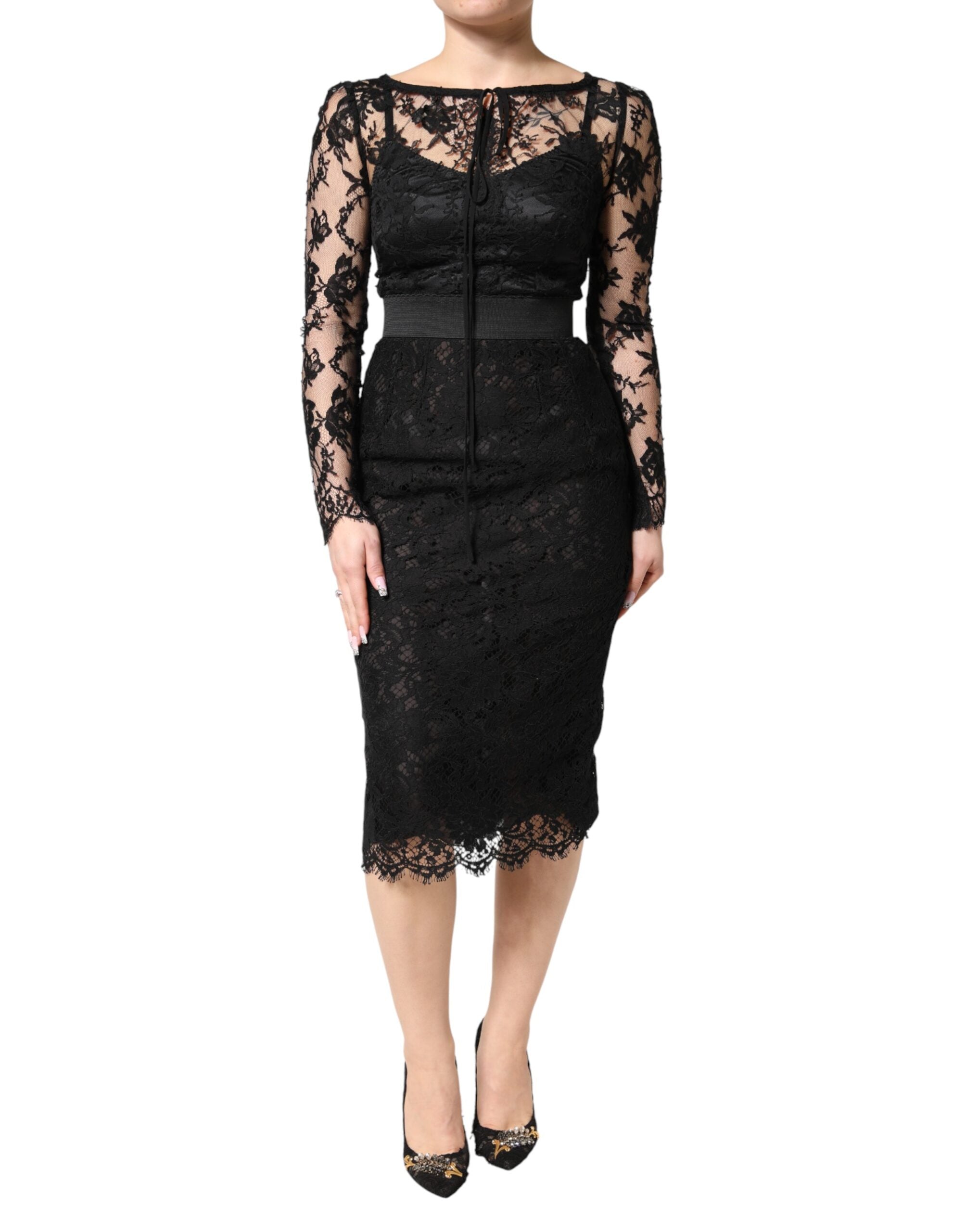 Dolce & Gabbana Black Lace Trim Cotton Sheath Midi Dress