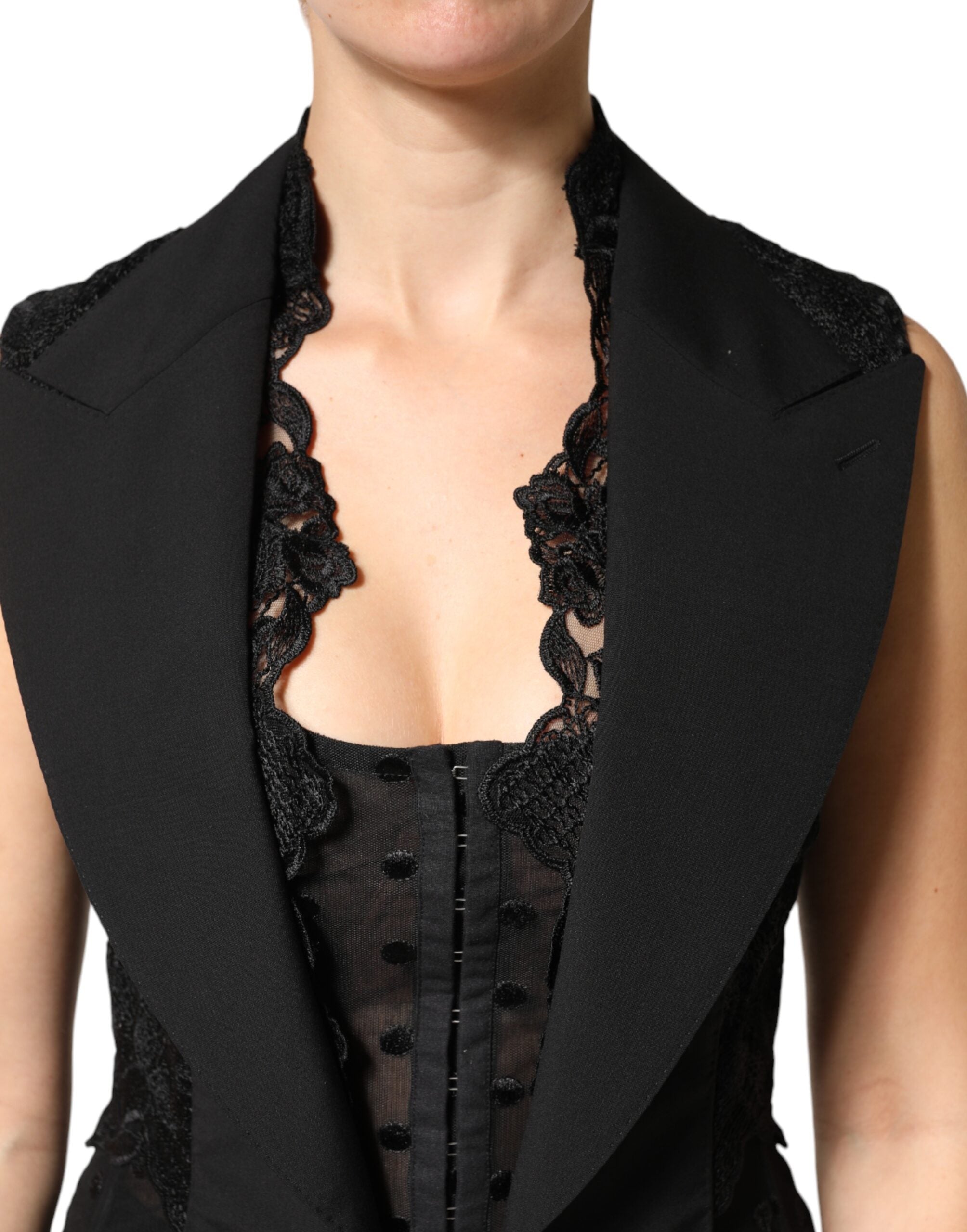 Dolce & Gabbana Black Lace V-neck Slit Hem Gathered Waist Vest Jacket