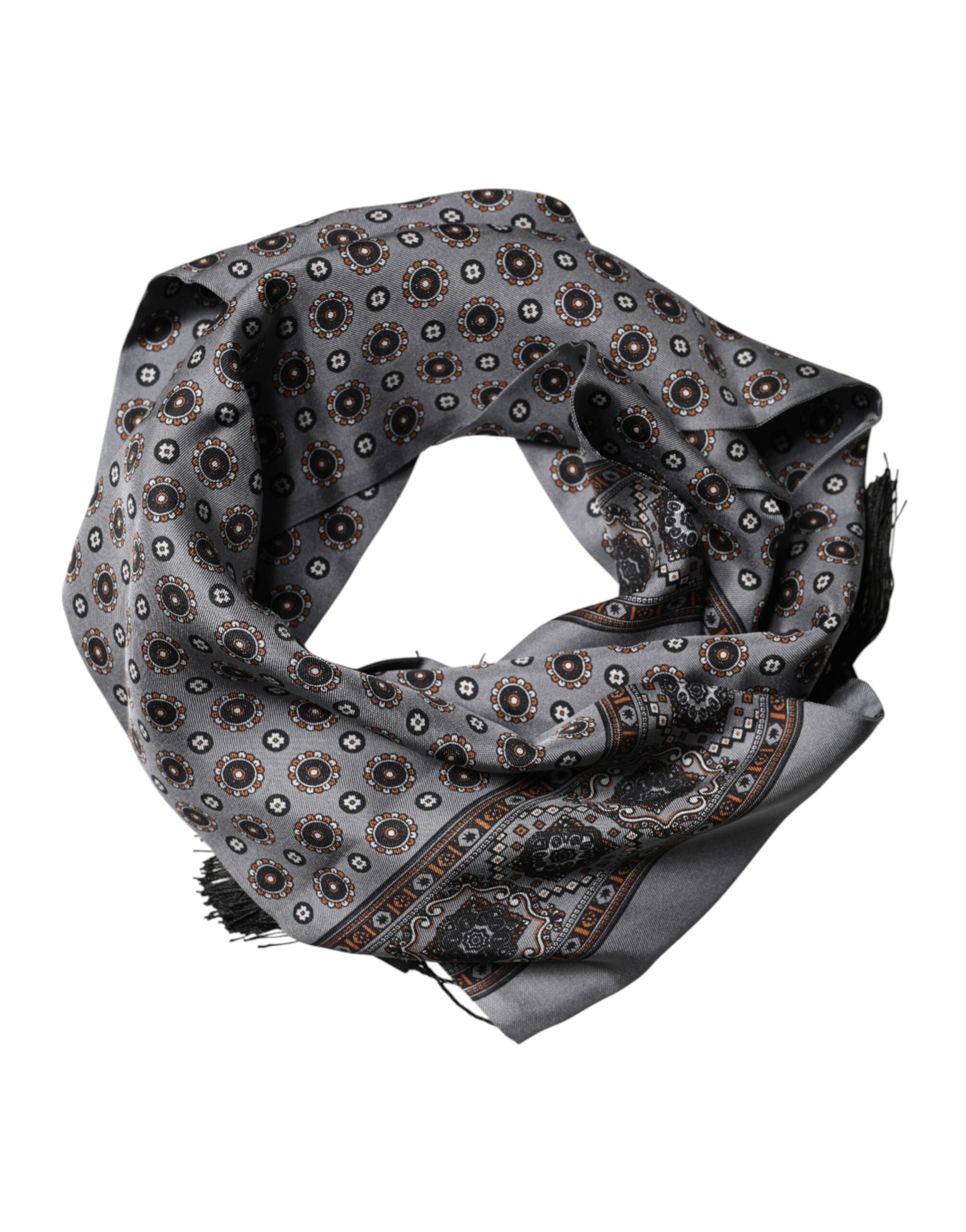 Dolce & Gabbana Gray Patterned Fringes Neck Foulard Scarf