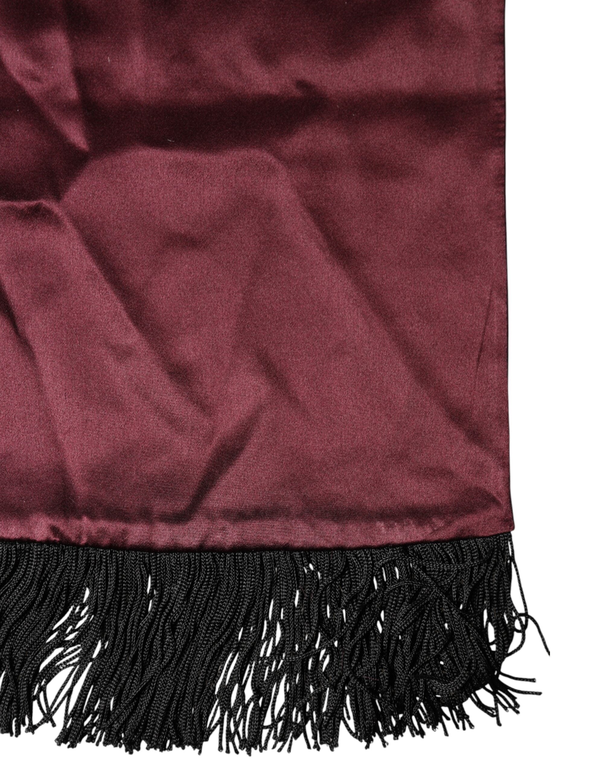 Dolce & Gabbana Maroon Silk Satin Fringes Neck Foulard Scarf