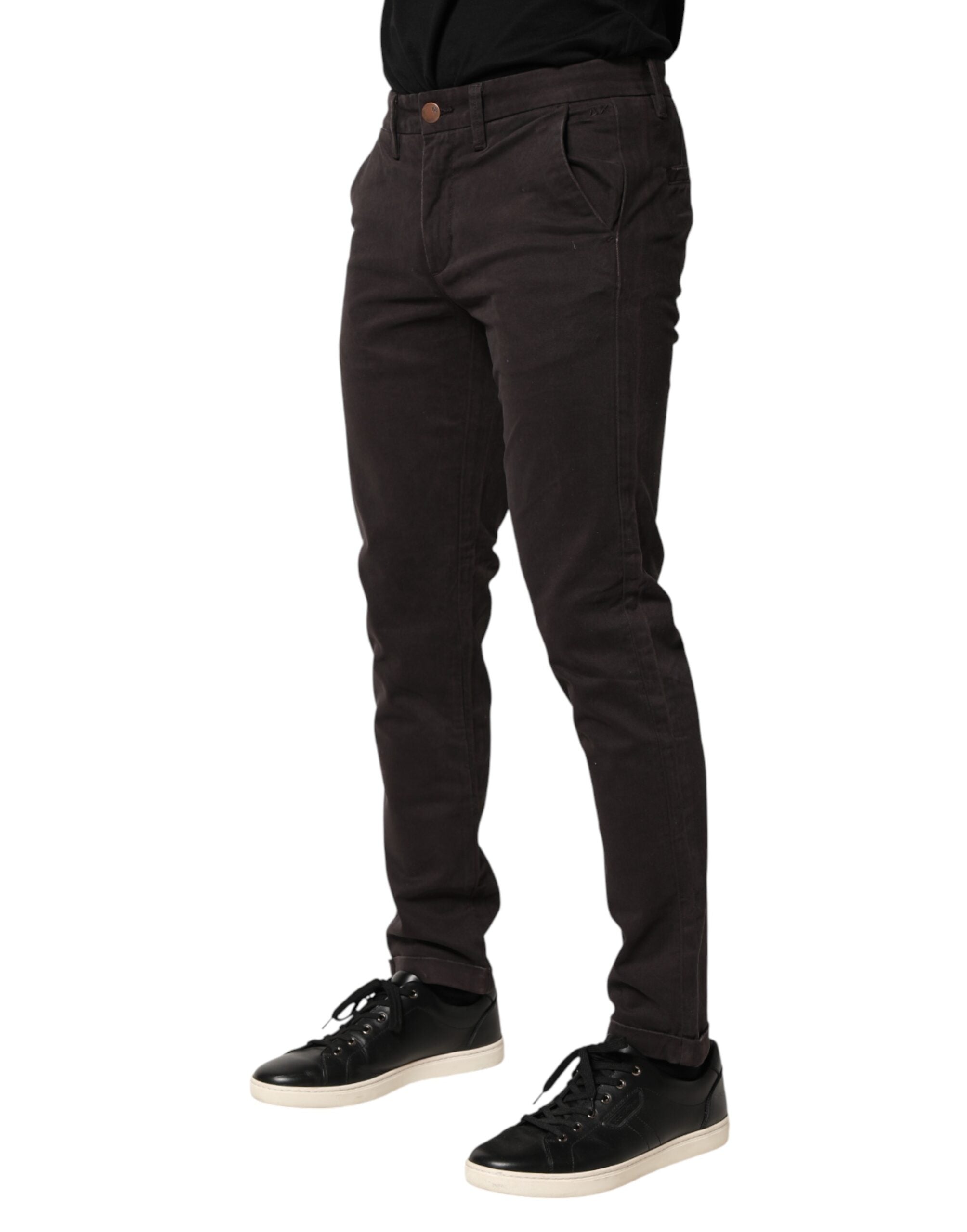 Sun68 Dark Brown Cotton Stretch Skinny Mid Waist Men Trouser Pants